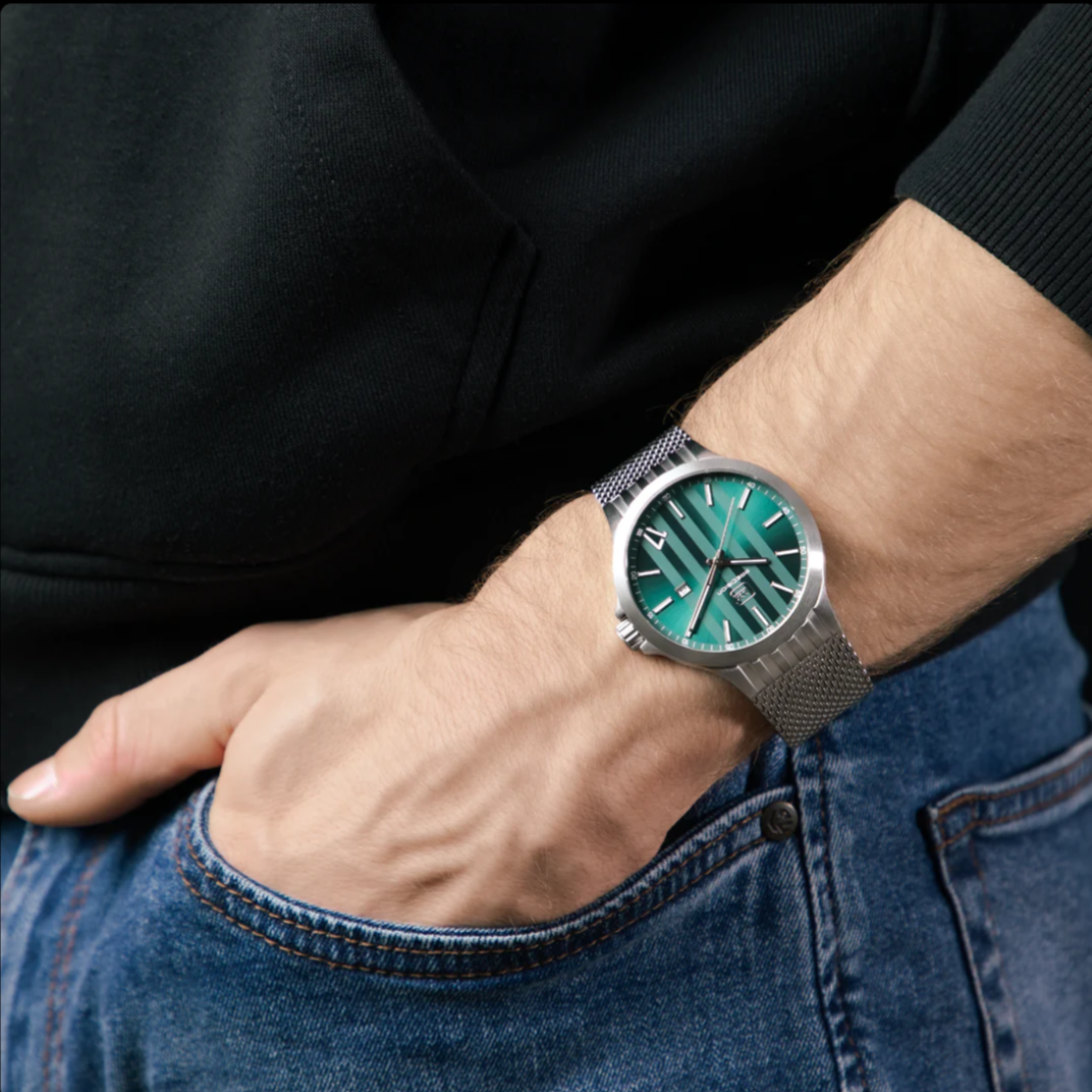 GLOCK Watch Super Sale - Stainless Steel Green Dial with Silver Tone Mesh Strap (GW-12-3-24)