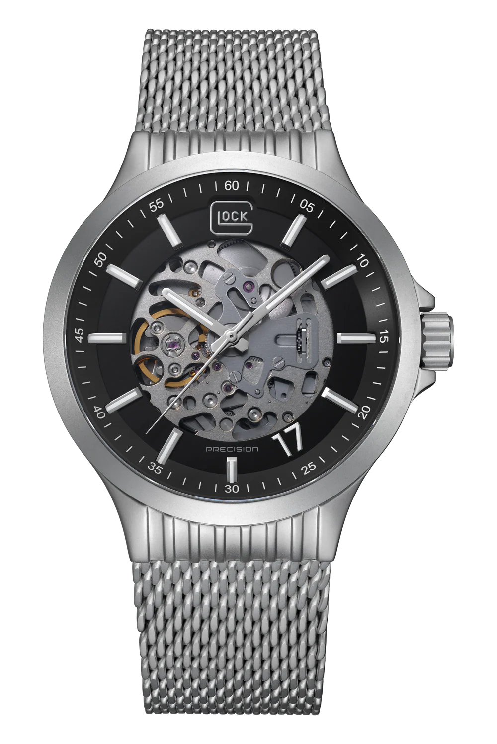 Silver watch with mesh band and visible mechanical components on a white background