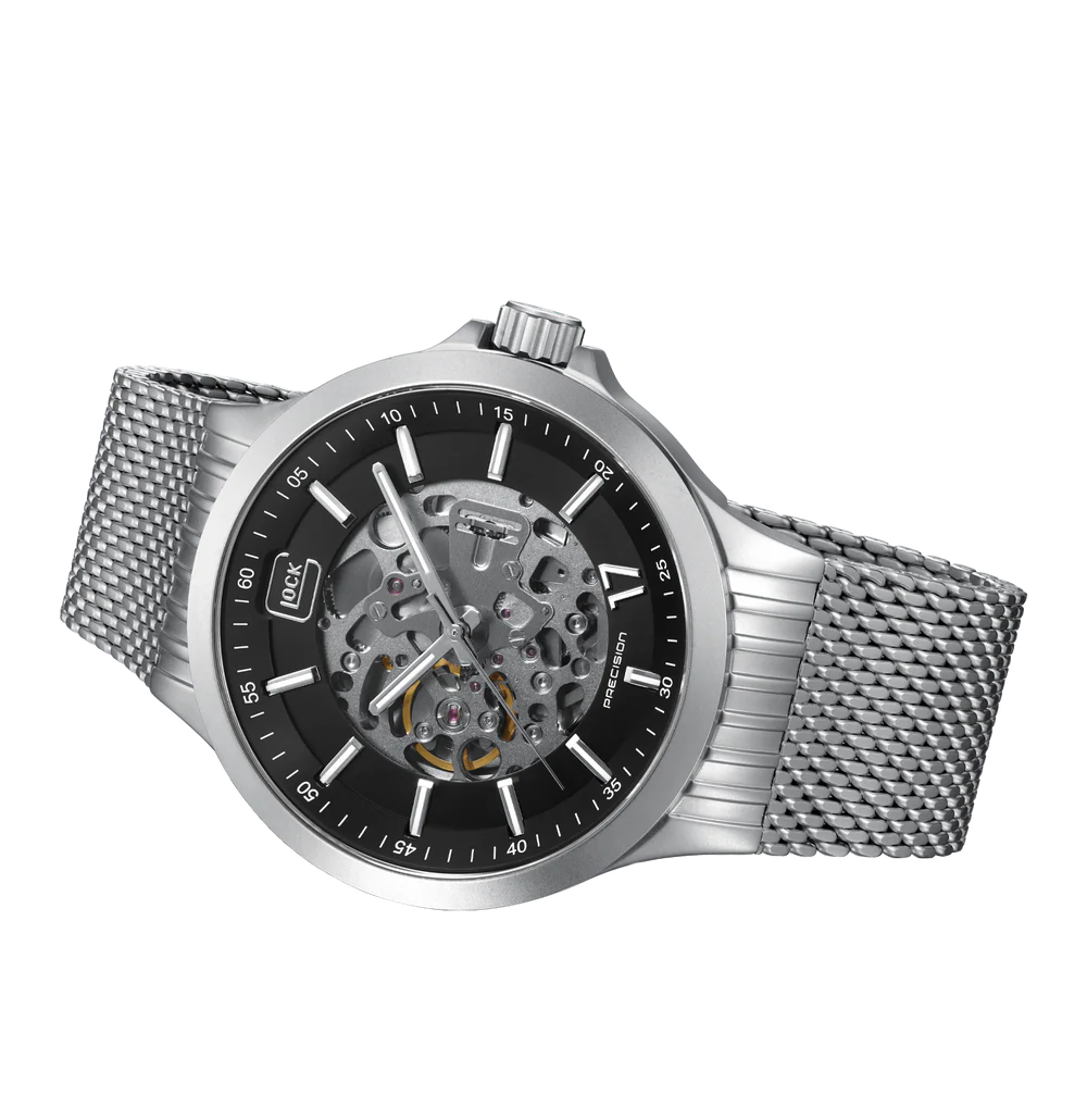 Silver watch with black face on a white background