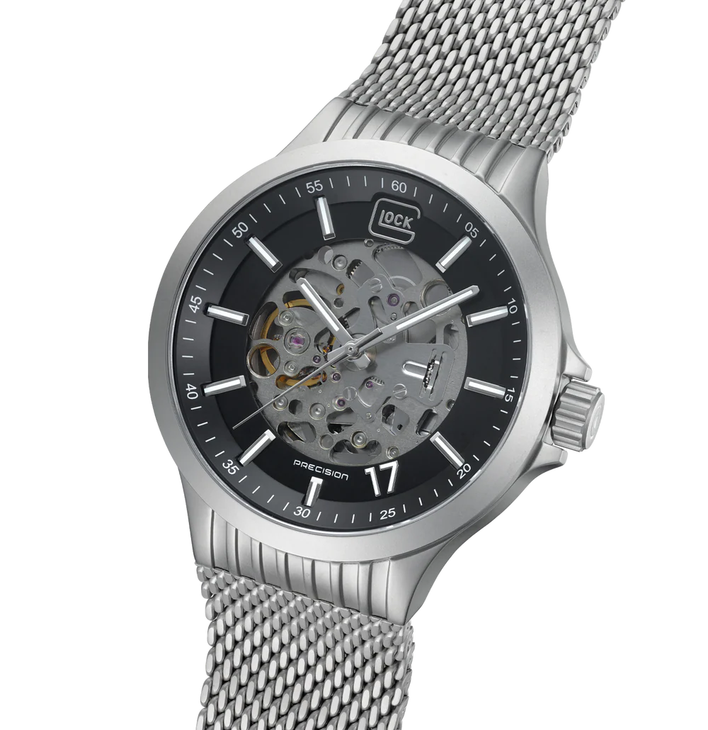 Silver watch with black face on a white background
