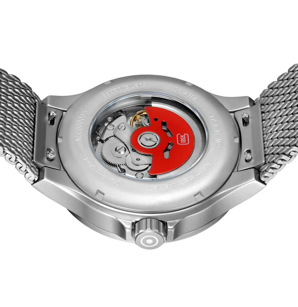 Watch with a red inner workings on a white background