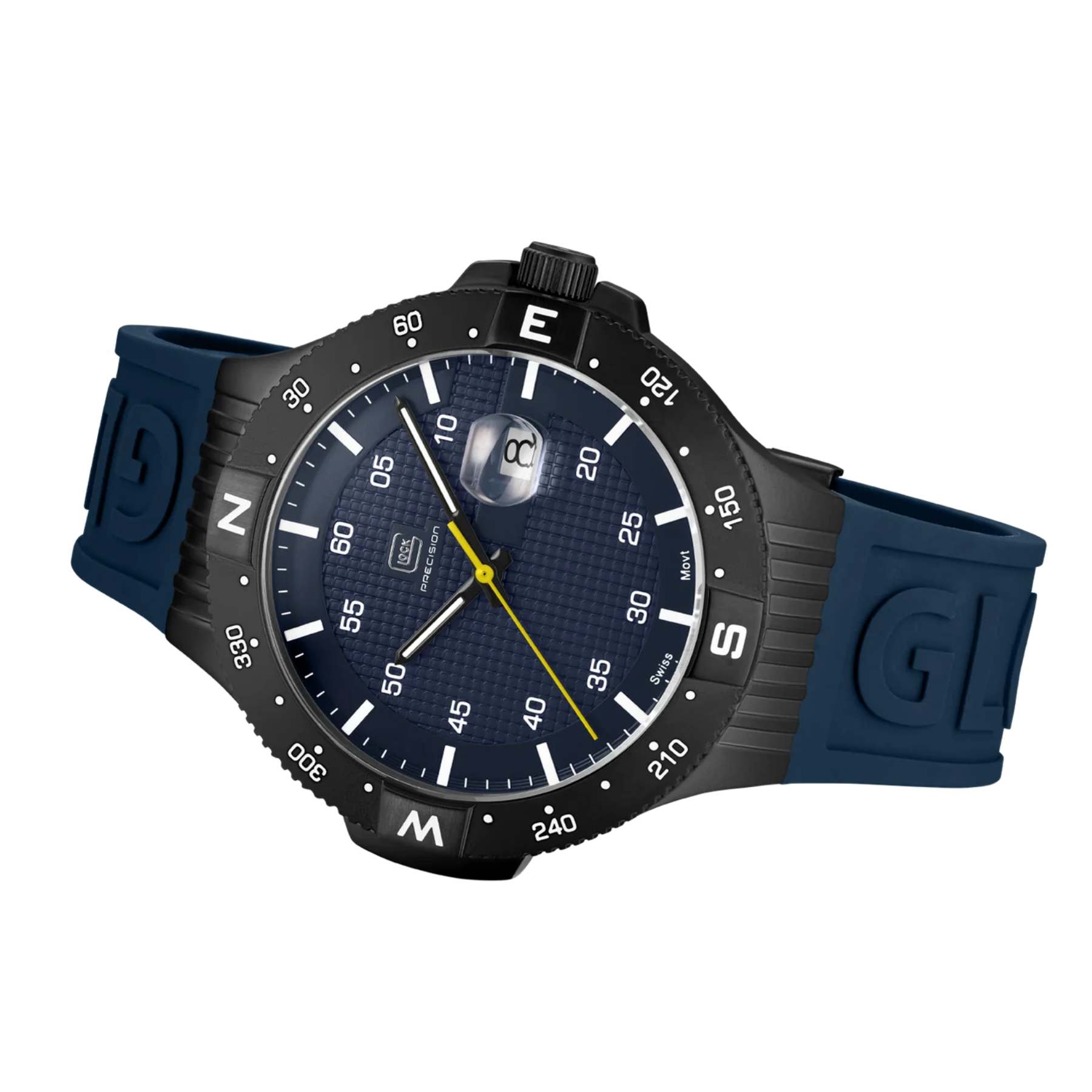GLOCK Watch Super Sale - Gunmetal Stainless Steel with Blue Silicone Band (GW-15-2-22)