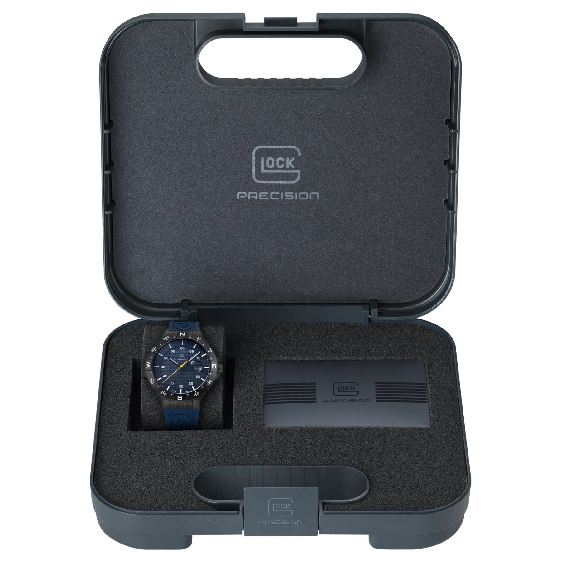 GLOCK Watch Super Sale - Gunmetal Stainless Steel with Blue Silicone Band (GW-15-2-22)