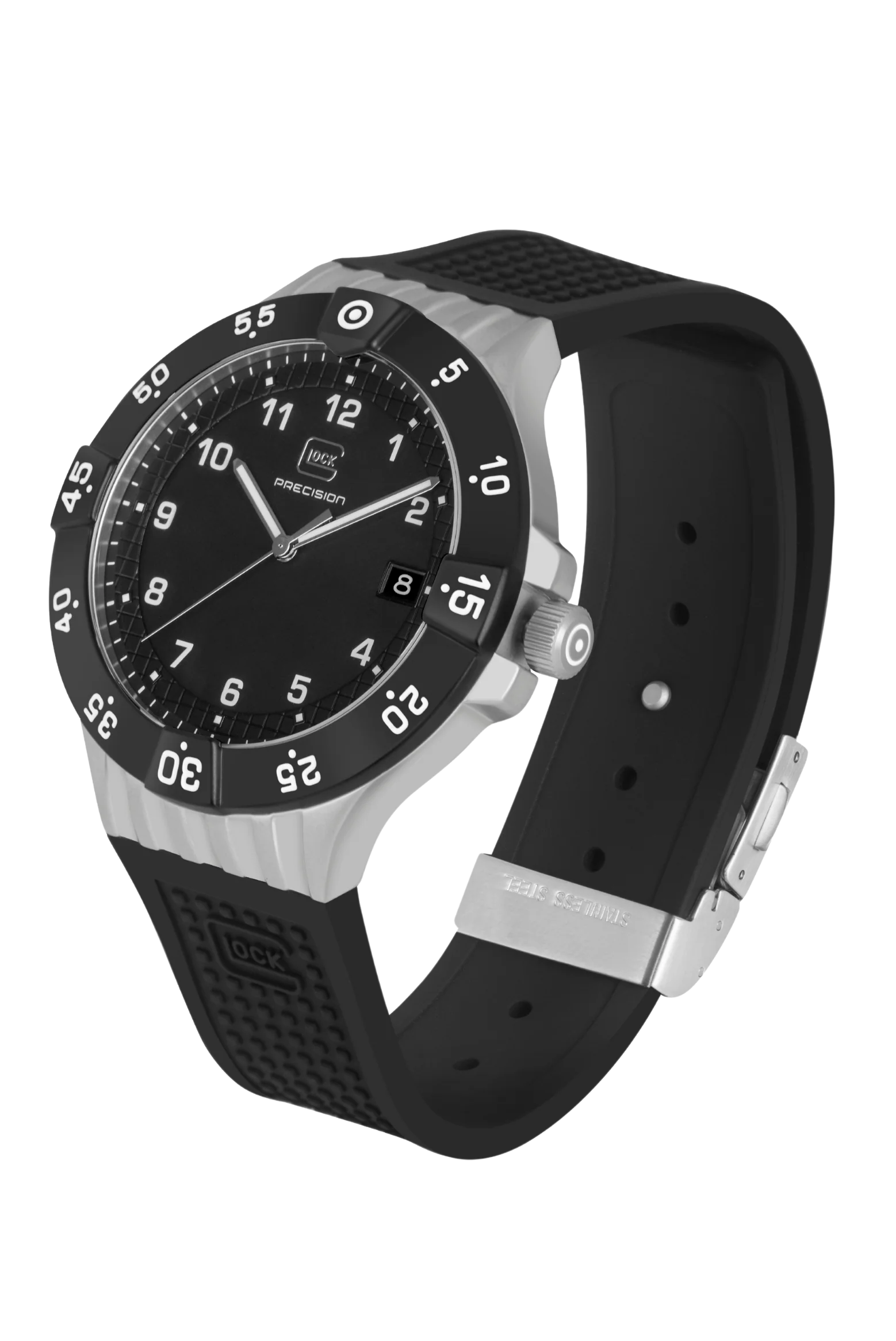 Sandblasted Silver-tone Stainless Steel With Black Silicone Band Glock Watch