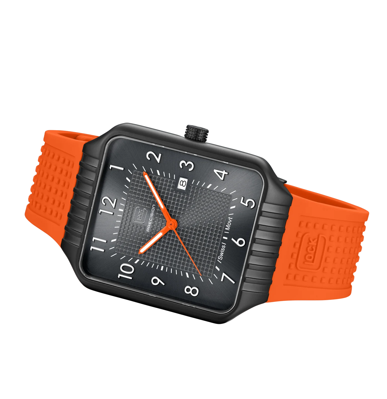 Gunmetal-finish Stainless Steel Glock Watch With Vibrant Orange Band