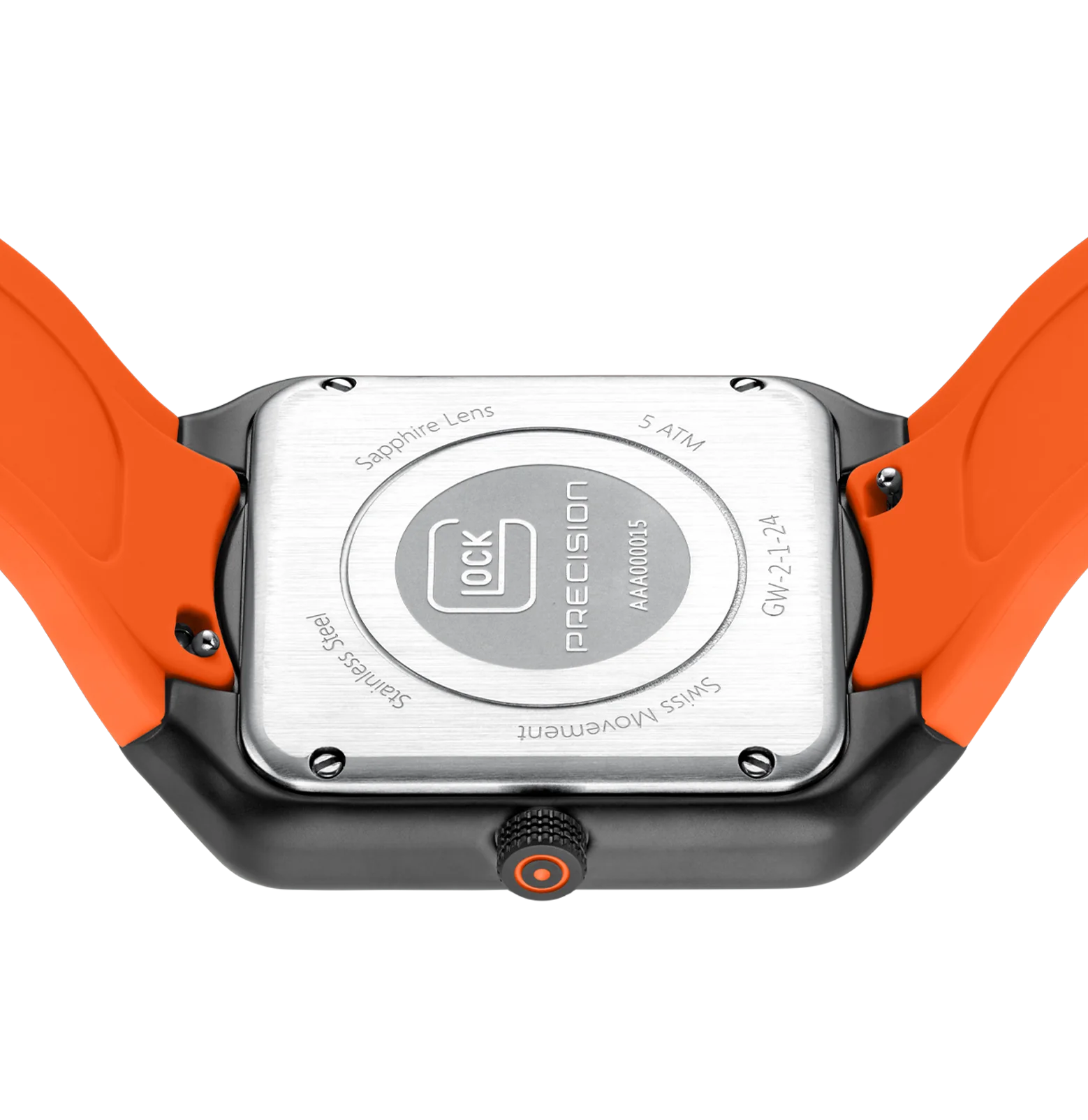 Gunmetal-finish Stainless Steel Glock Watch With Vibrant Orange Band