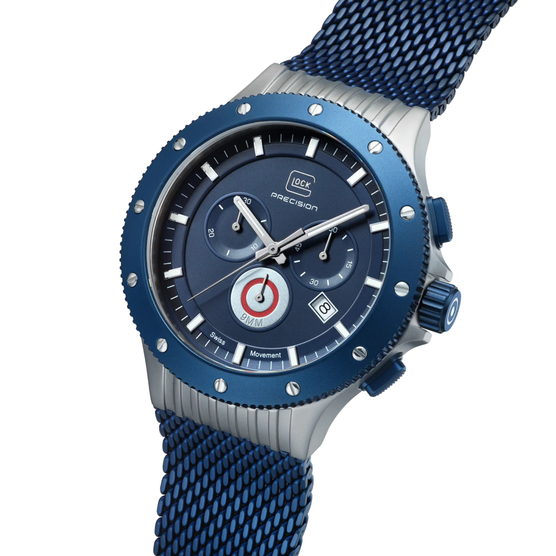 Glock Watch Super Sale - Titanium Case with Dark Blue Face and Mesh Strap (GW-27-3-24)