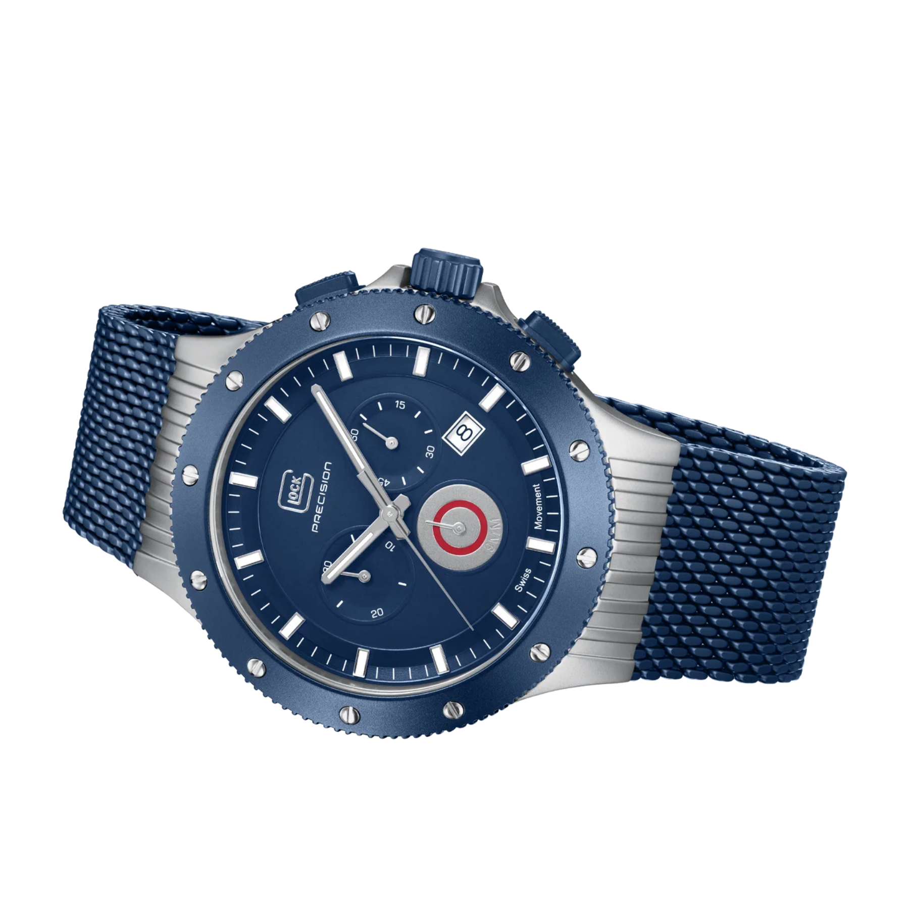 Glock Watch Super Sale - Titanium Case with Dark Blue Face and Mesh Strap (GW-27-3-24)