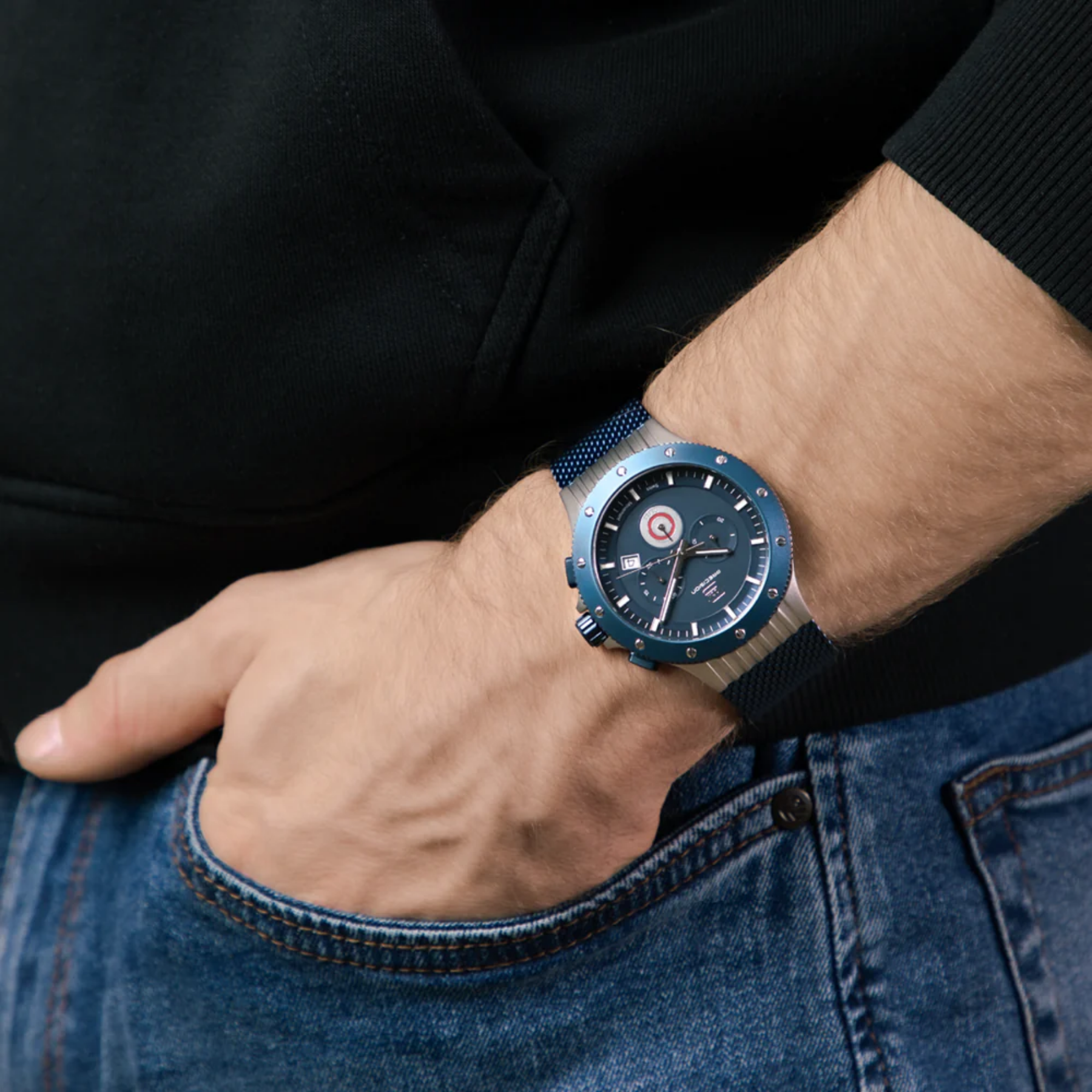 Glock Watch Super Sale - Titanium Case with Dark Blue Face and Mesh Strap (GW-27-3-24)