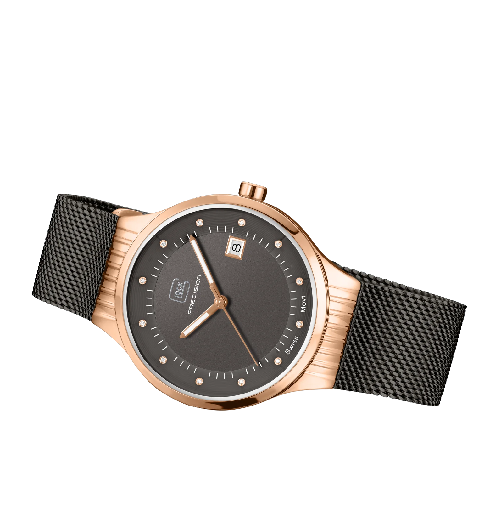 Elegant Rose Gold Stainless Steel Glock Watch With Gunmetal Mesh Band