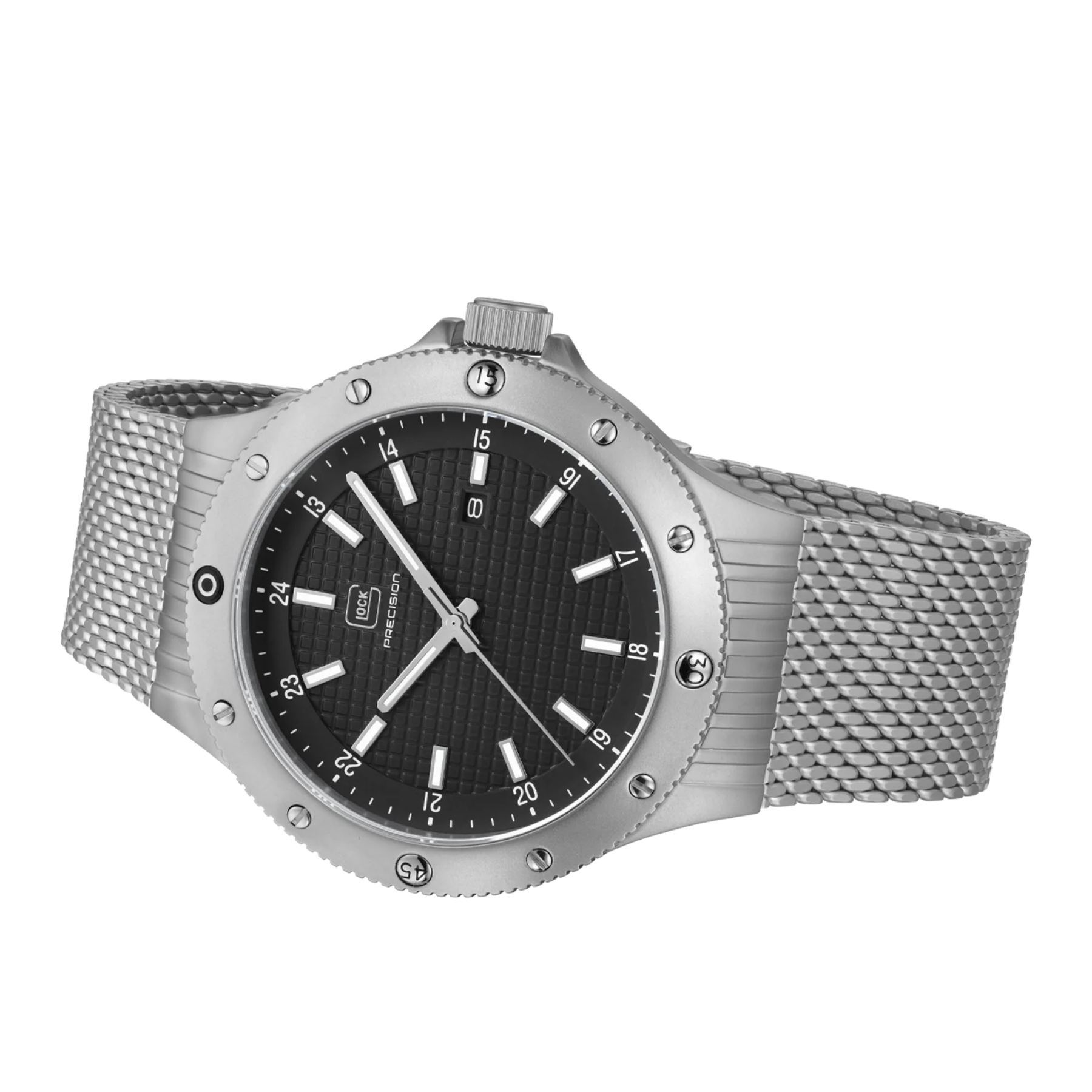 GLOCK Watch Super Sale - Stainless Steel Case with Black Watch Face and Mesh Strap (GW-33-4-24)