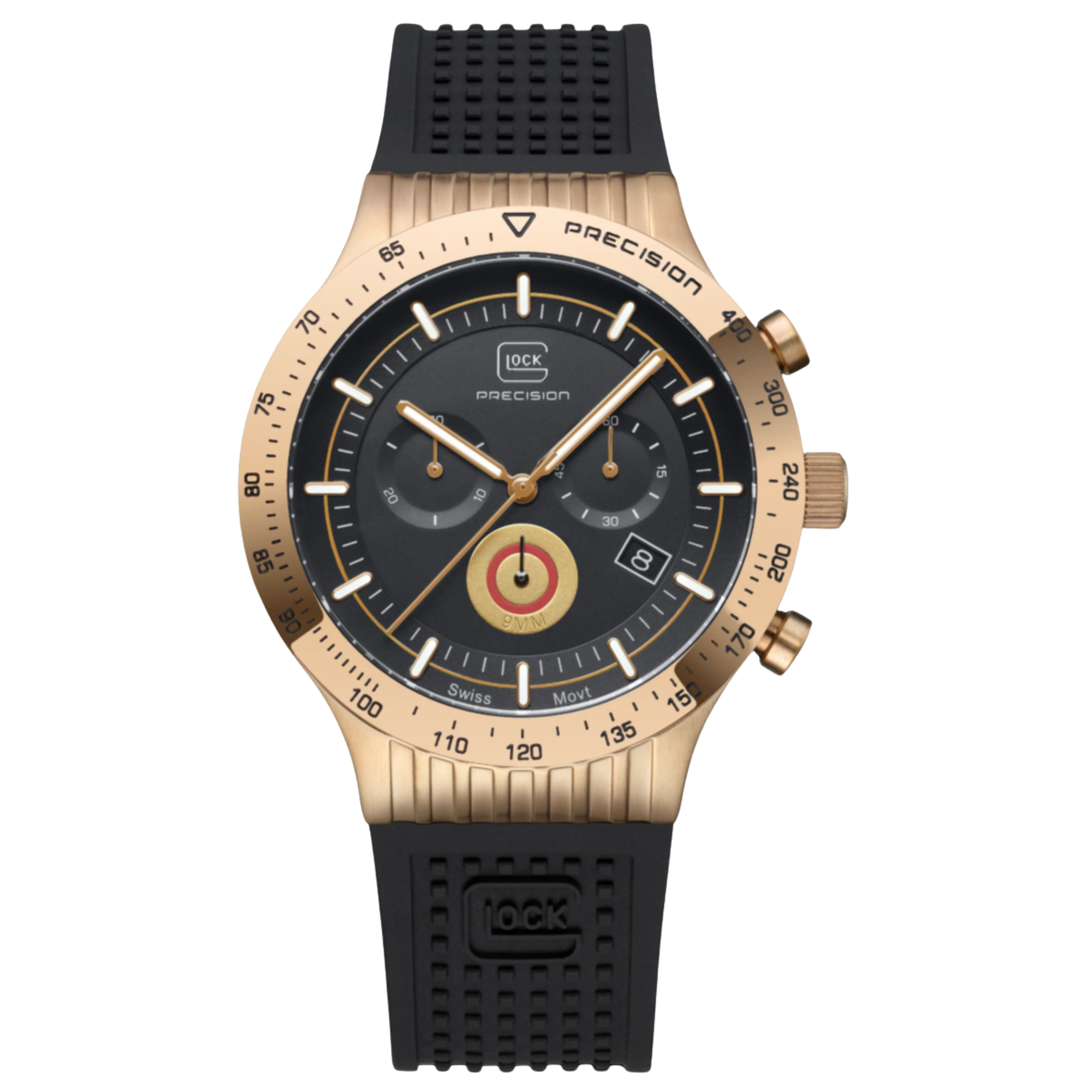 GLOCK Watch Super Sale - 9MM Casing Coyote-Tone Stainless Steel Watch With Black Silicone Strap (GW-34-1-24)