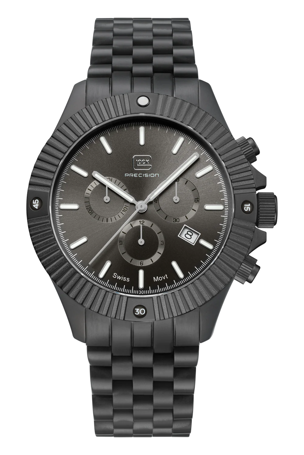 Black wristwatch with detailed face on a white background