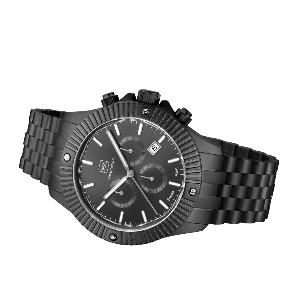 Black watch with detailed face on a white background