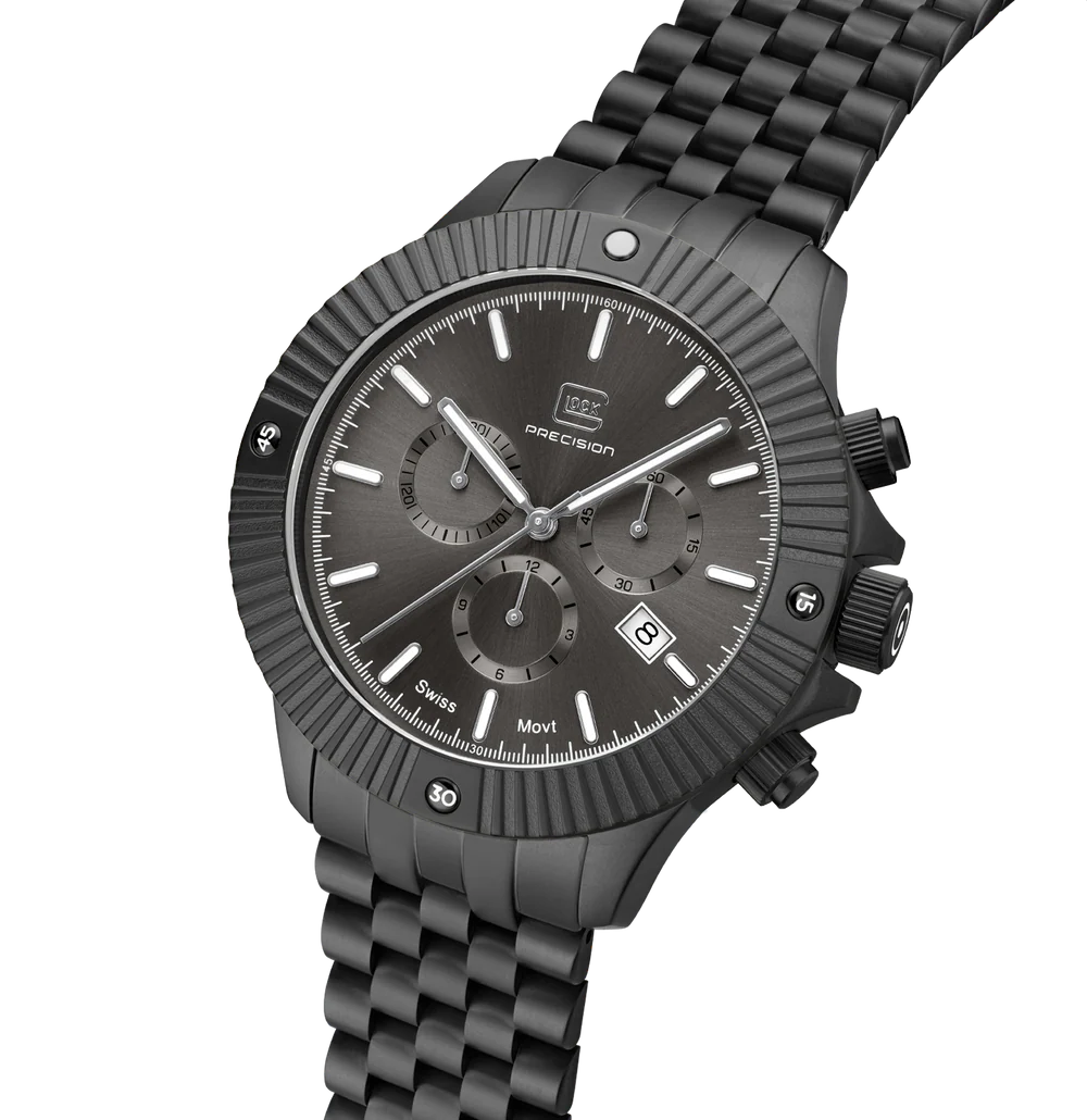 Black wristwatch with detailed face on a white background