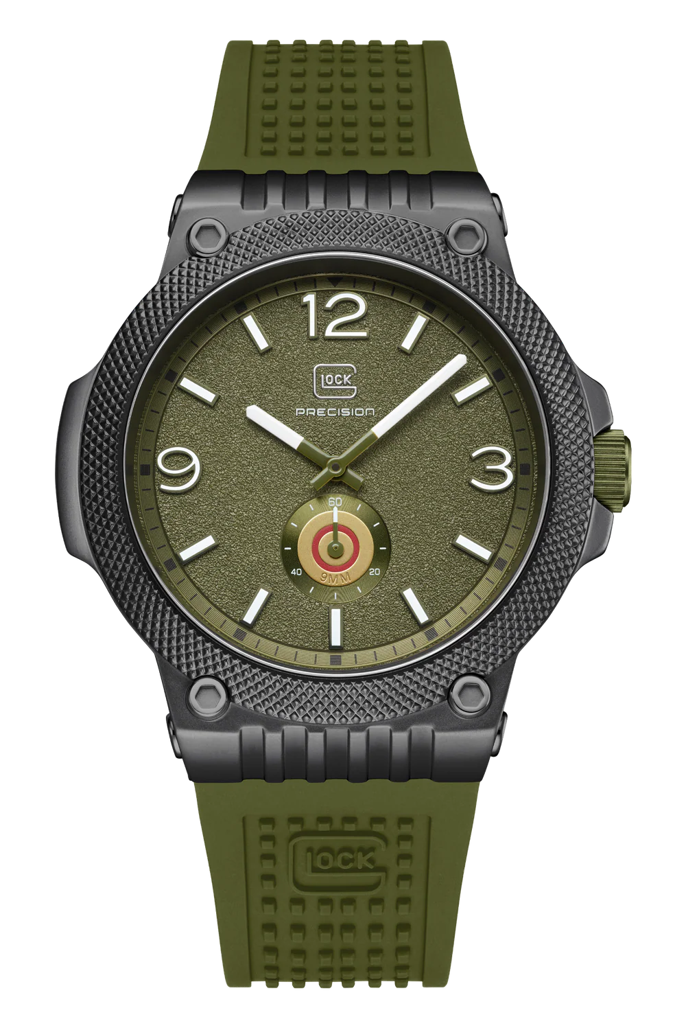 Green watch with a detailed face on a white background