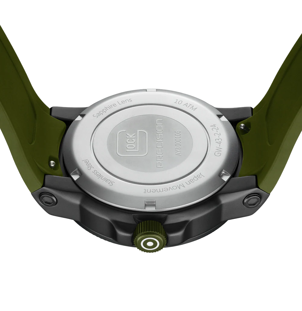 Close-up of a watch case with brand logo on a white background