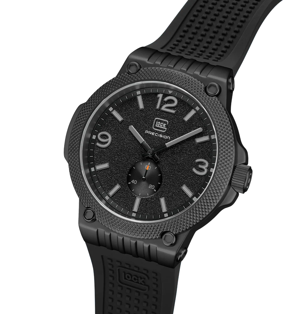 Black watch with detailed design on a white background