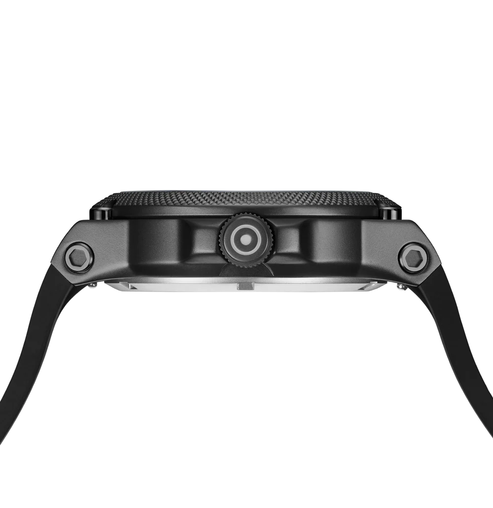 Close-up of a black watch with a textured band on a white background