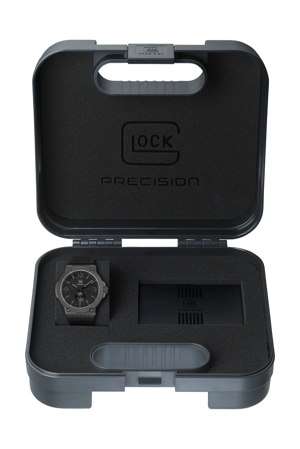Black watch case with a watch inside, featuring the Glock logo.