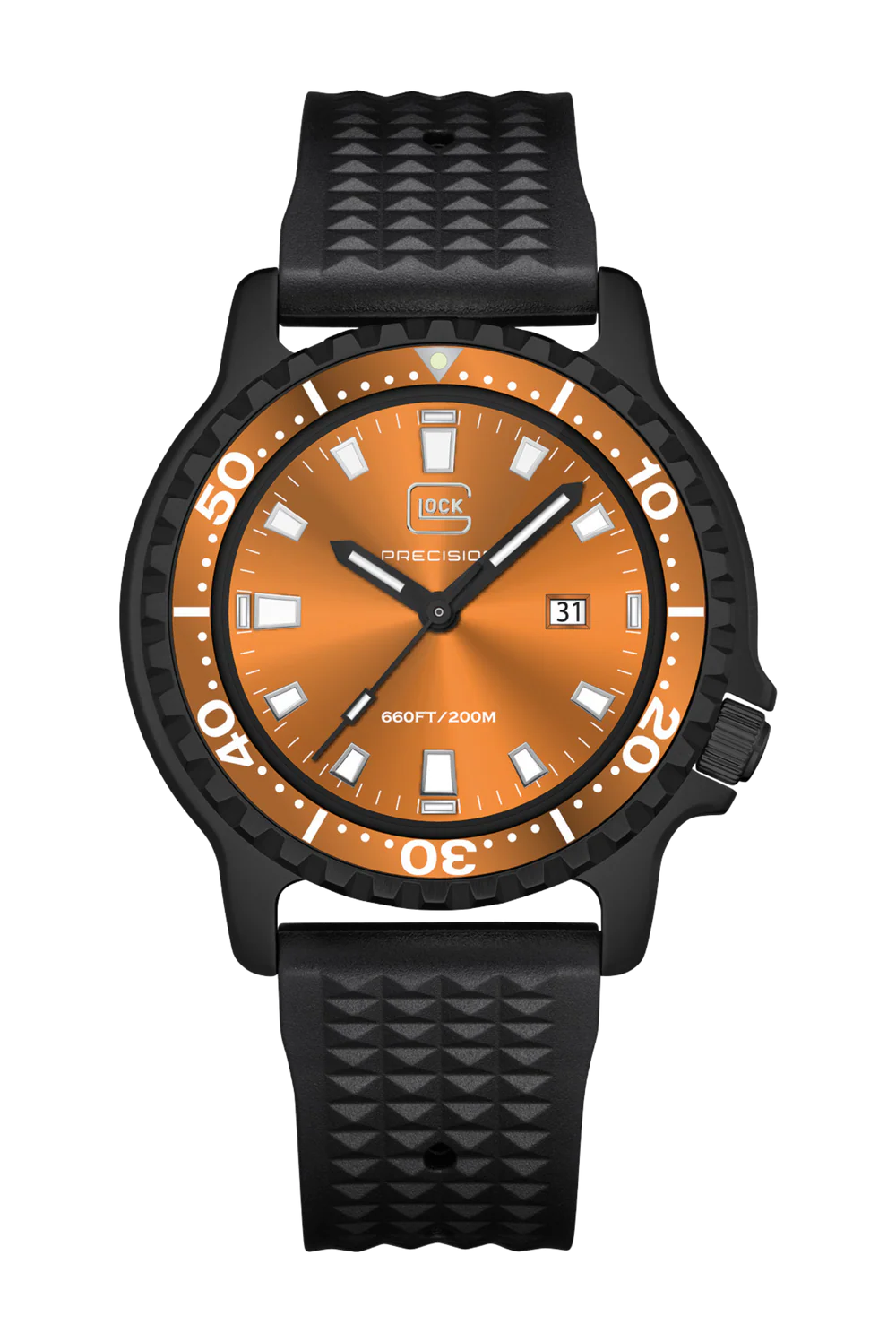 Wristwatch with orange dial and black strap on a white background