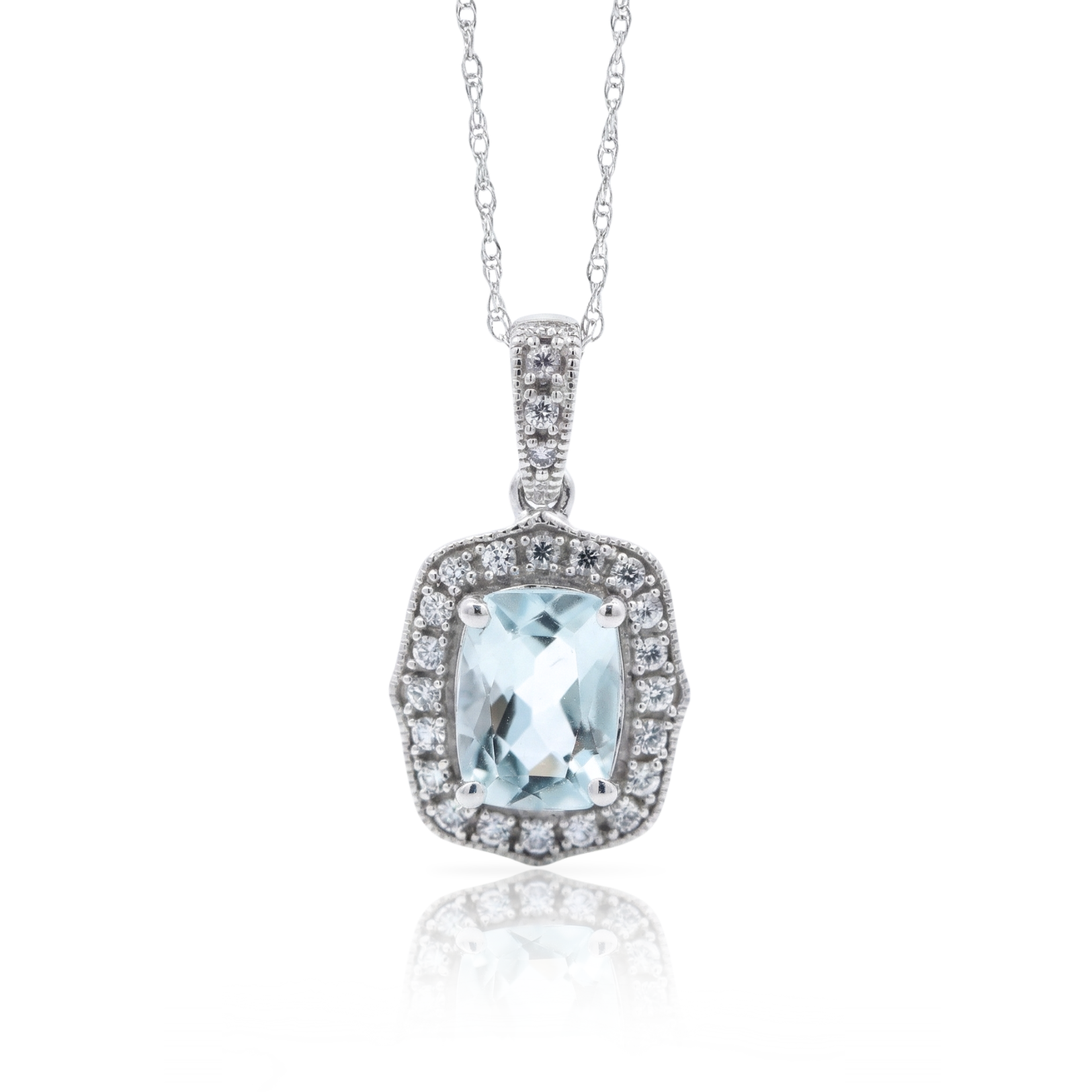 10K White Gold 1CT. Elongated Cushion-Cut Aquamarine and Created White Sapphire Halo Pendant Necklace