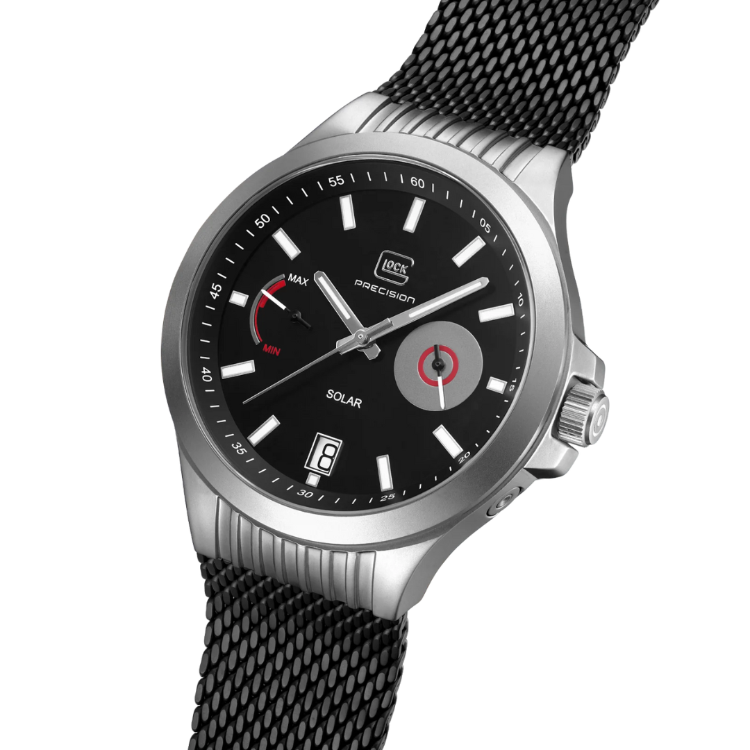 Angled front picture of GLOCK Silver Tone Stainless Steel Solar Watch With Black Silicone Band on a tranparent background