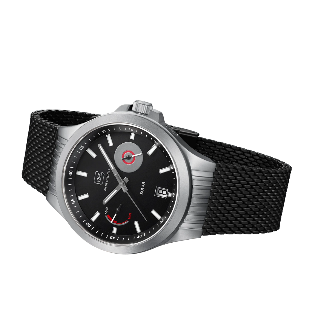 Laying down picture of GLOCK Silver Tone Stainless Steel Solar Watch With Black Silicone Band on a tranparent background