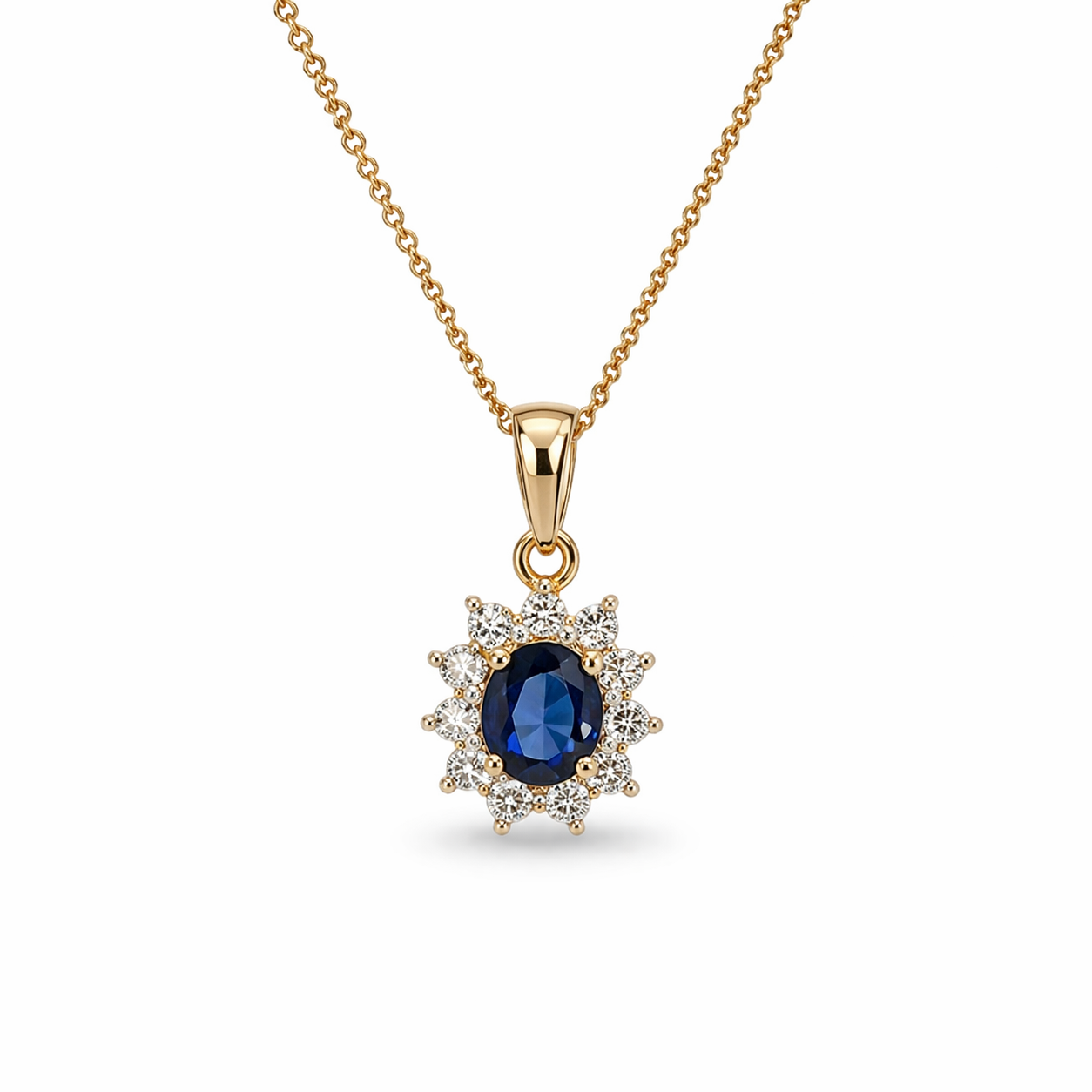 Estate Collection: 14K Yellow Gold 0.42CTW. Natural Diamond and Sapphire Halo Pendant Necklace
