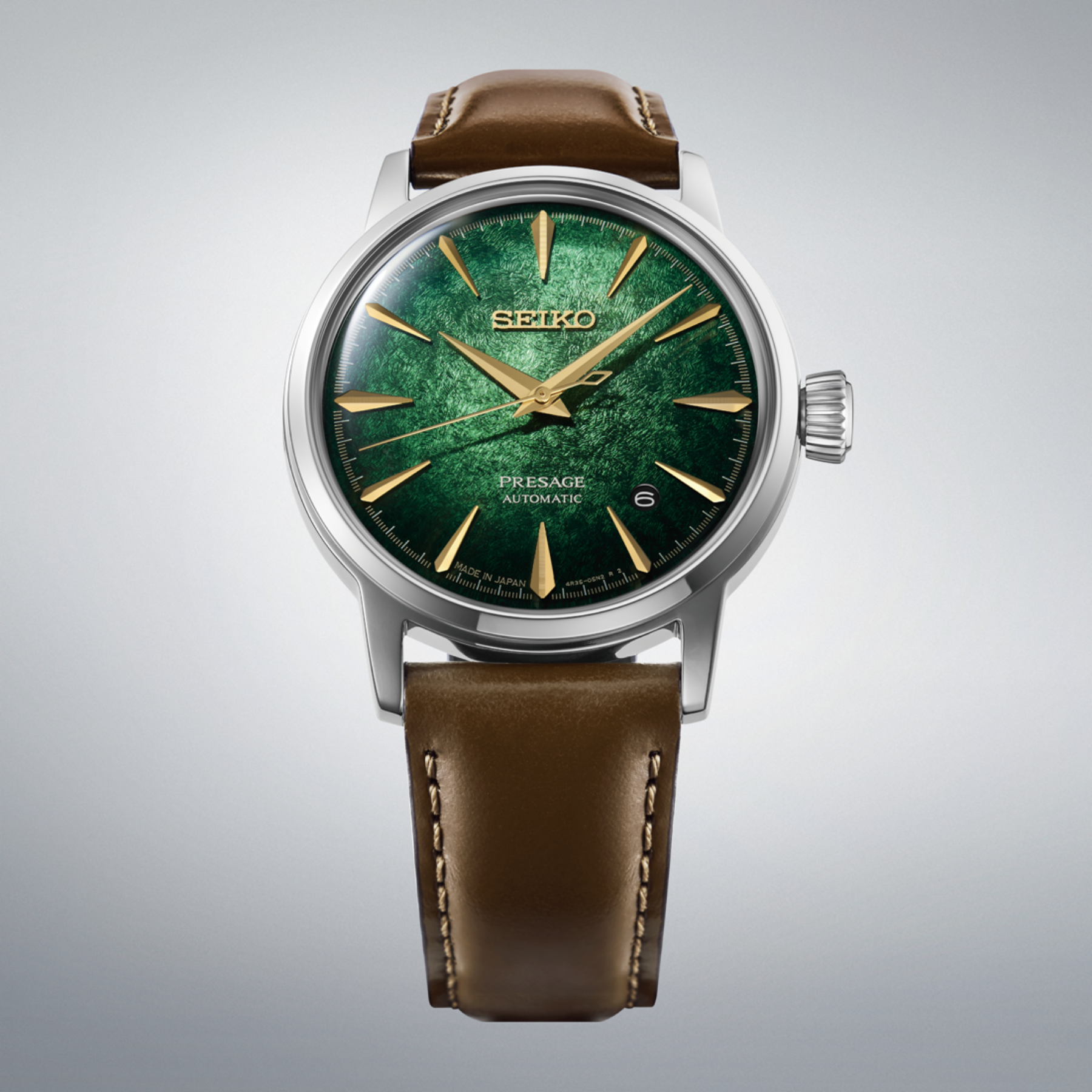 SEIKO Presage Cocktail Time Automatic Stainless Steel Iridescent Green Dial Watch with Leather Strap
