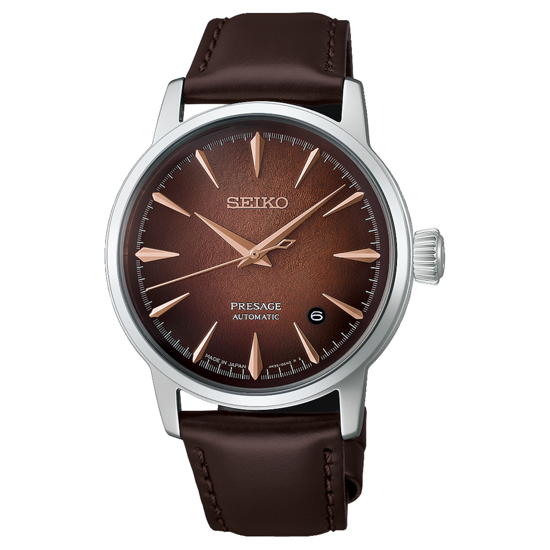 SEIKO Presage Cocktail Time Automatic Stainless Steel Iridescent Brown Dial Watch with Leather Strap
