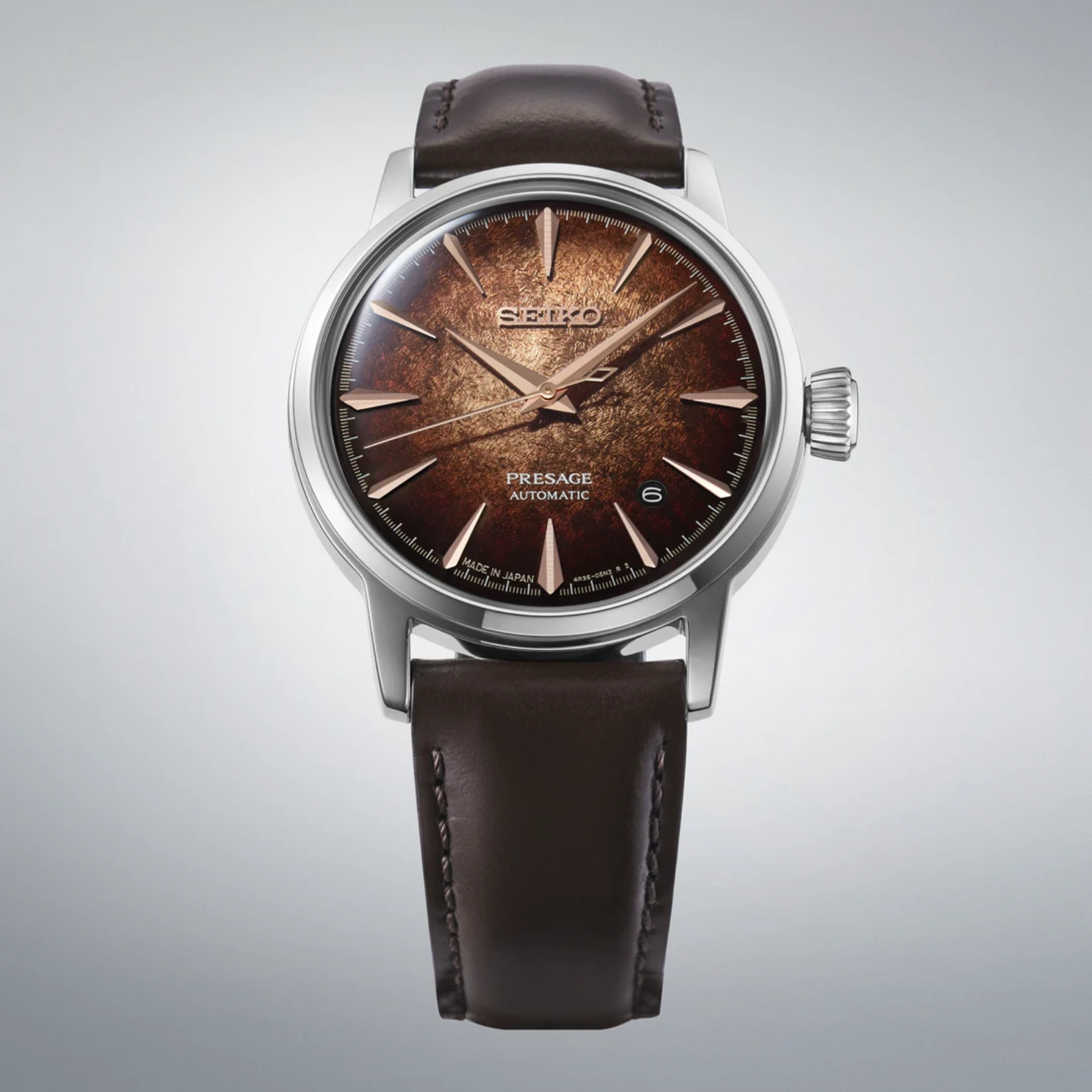 SEIKO Presage Cocktail Time Automatic Stainless Steel Iridescent Brown Dial Watch with Leather Strap