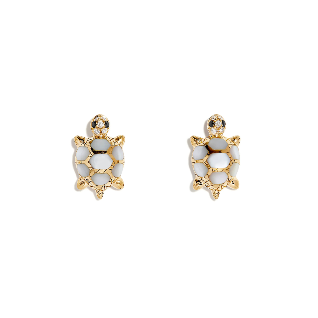 Front view of a pair of 14K Yellow Gold turtle stud earrings with mother of pearl in the shell and diamonds in the head, on a white background.