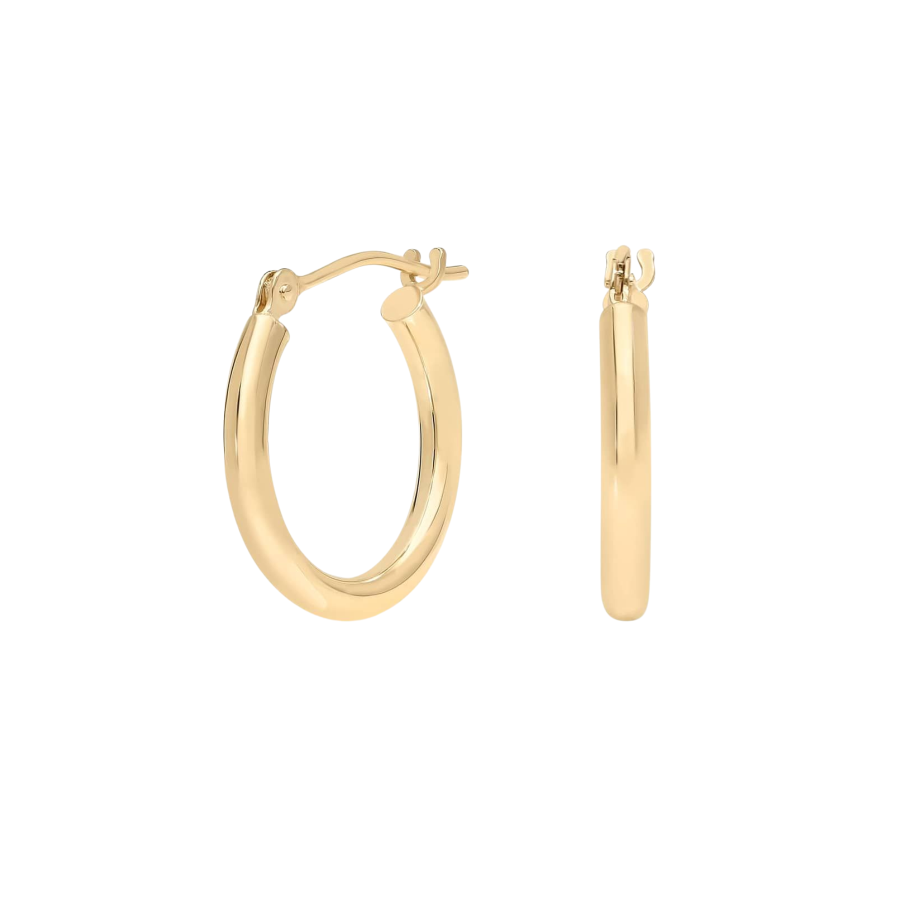 14K Yellow gold hoops on a white background 