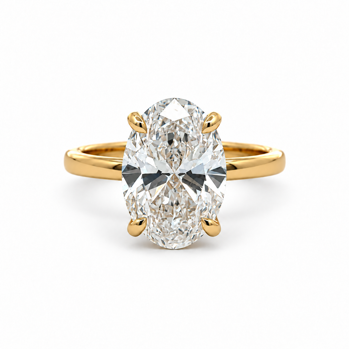 Front view of the Mia 14K yellow gold solitaire engagement ring with a 5.02CT. oval lab-grown diamond in a four-prong setting.