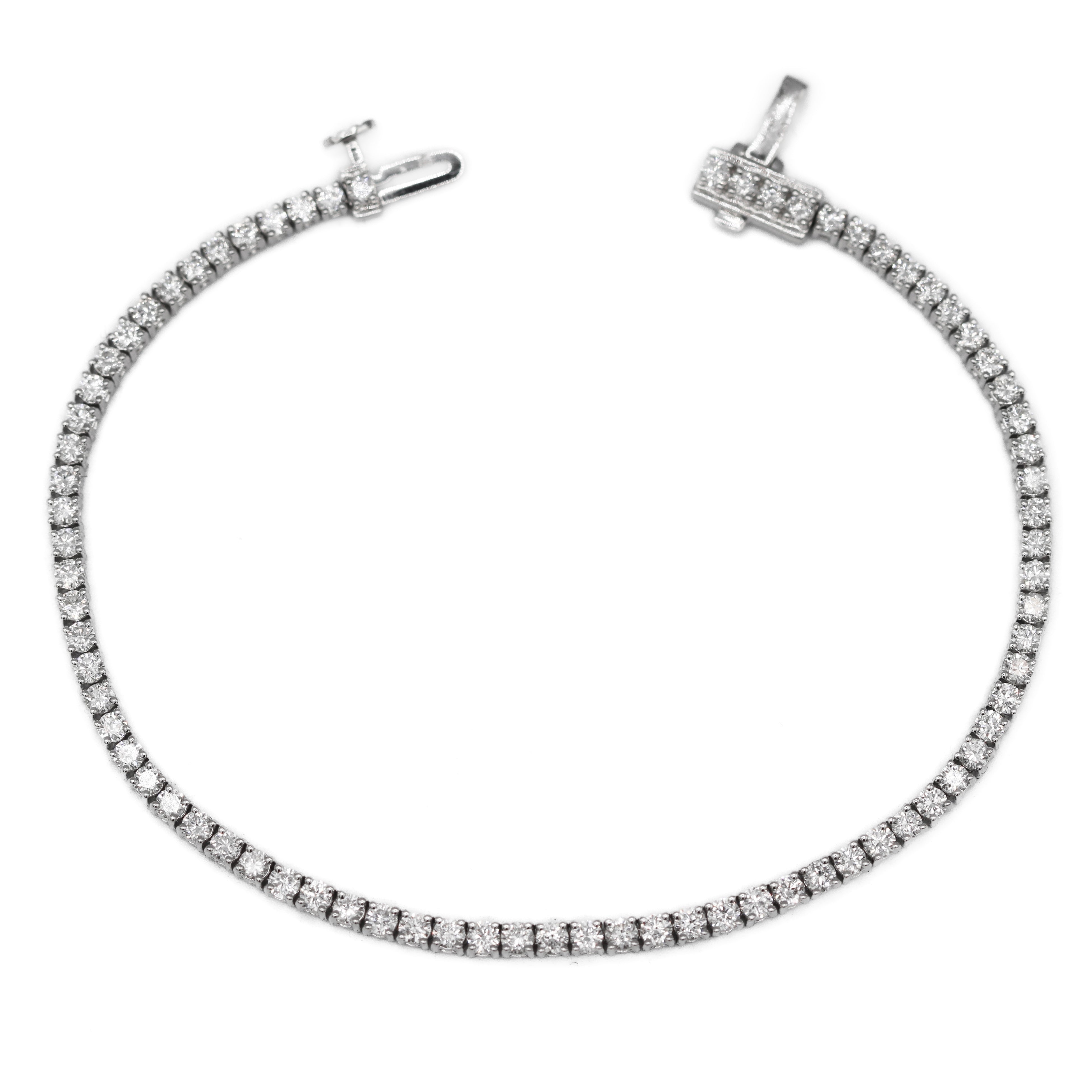 Open side view zoomed out of this 14K White Gold 3CTW. Lab-Grown Diamond Tennis Bracelet on a white background.