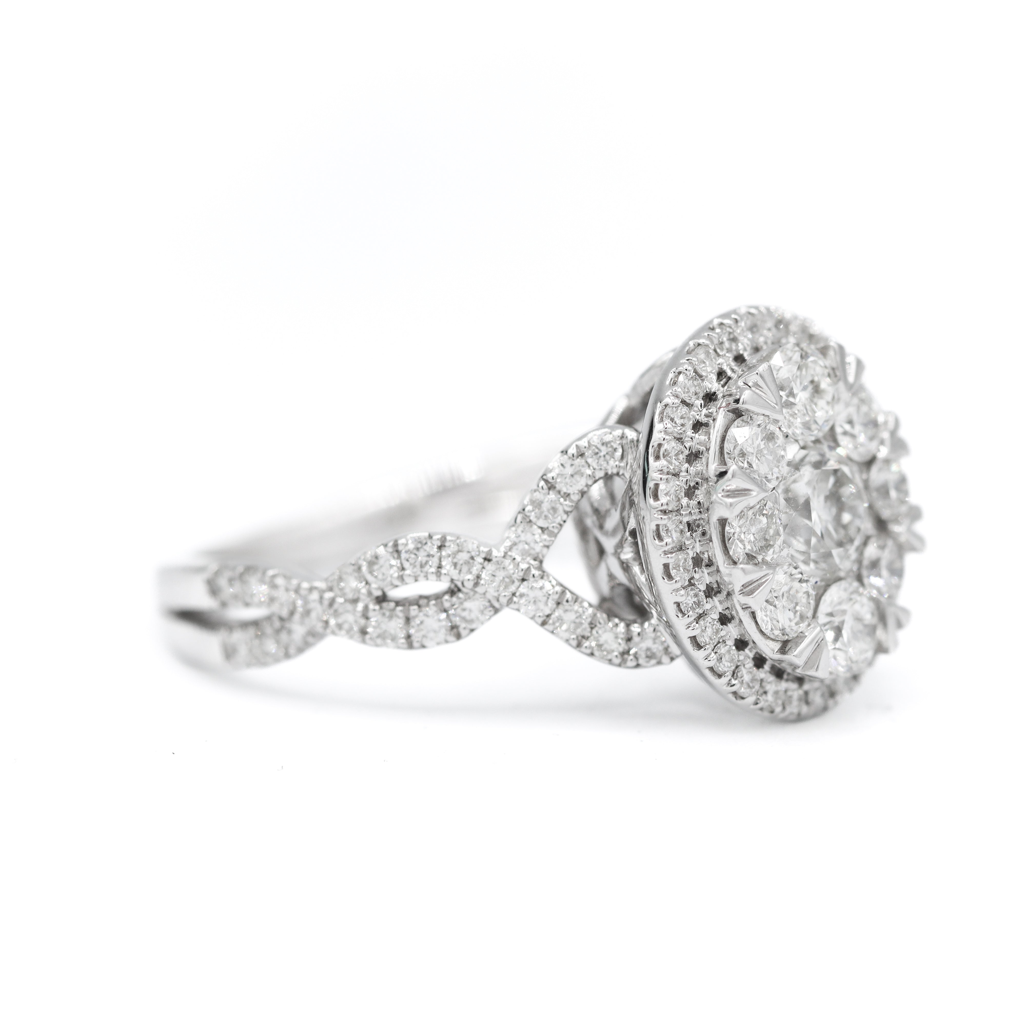 Left Side View of 14K White Gold 1-1/2CTW. Cluster Oval-Shape Halo Twist Engagment Ring