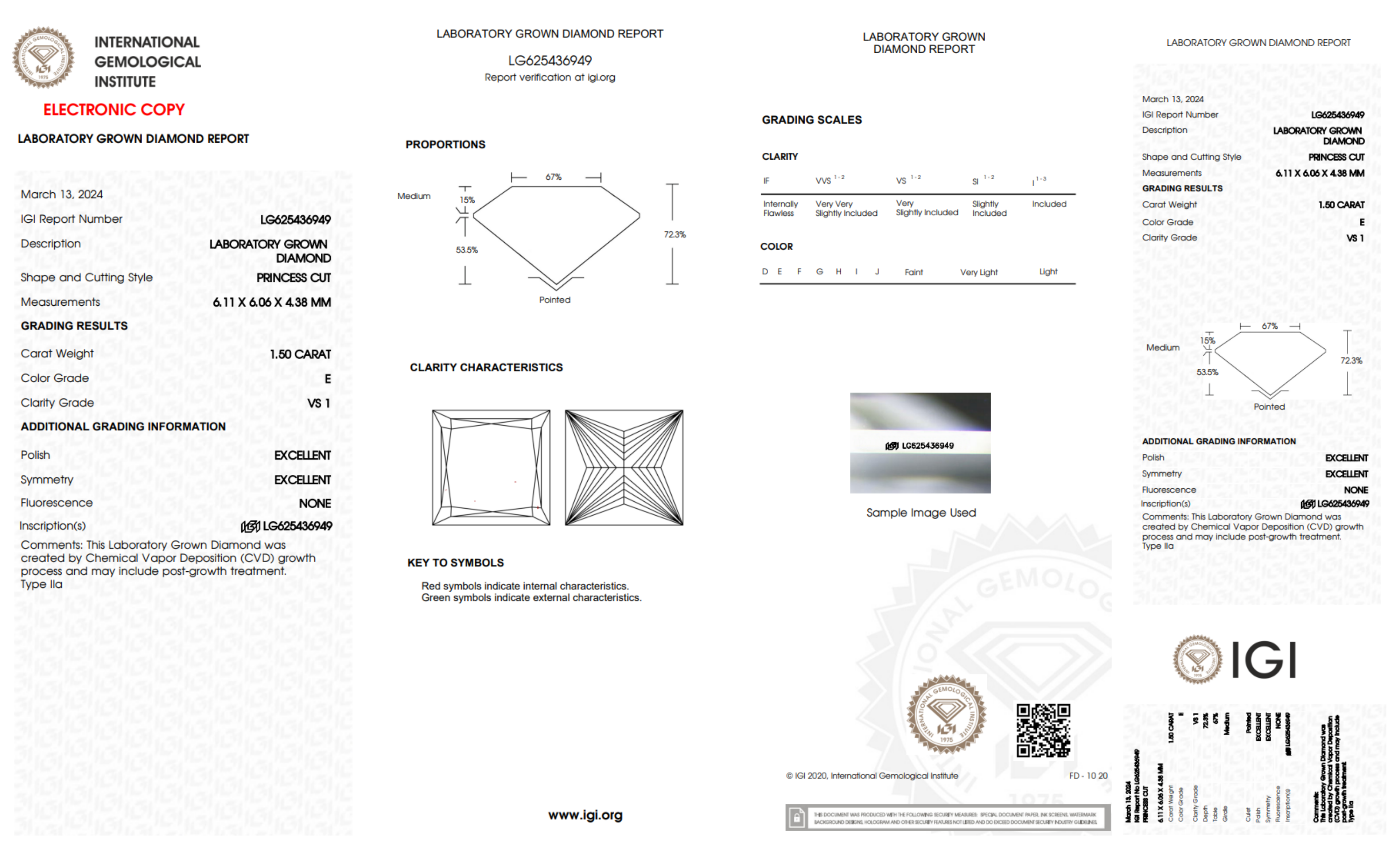 1.50CT. Certified Loose Princess-Cut Lab-Grown Diamond IGI LG625436949 E/VS1