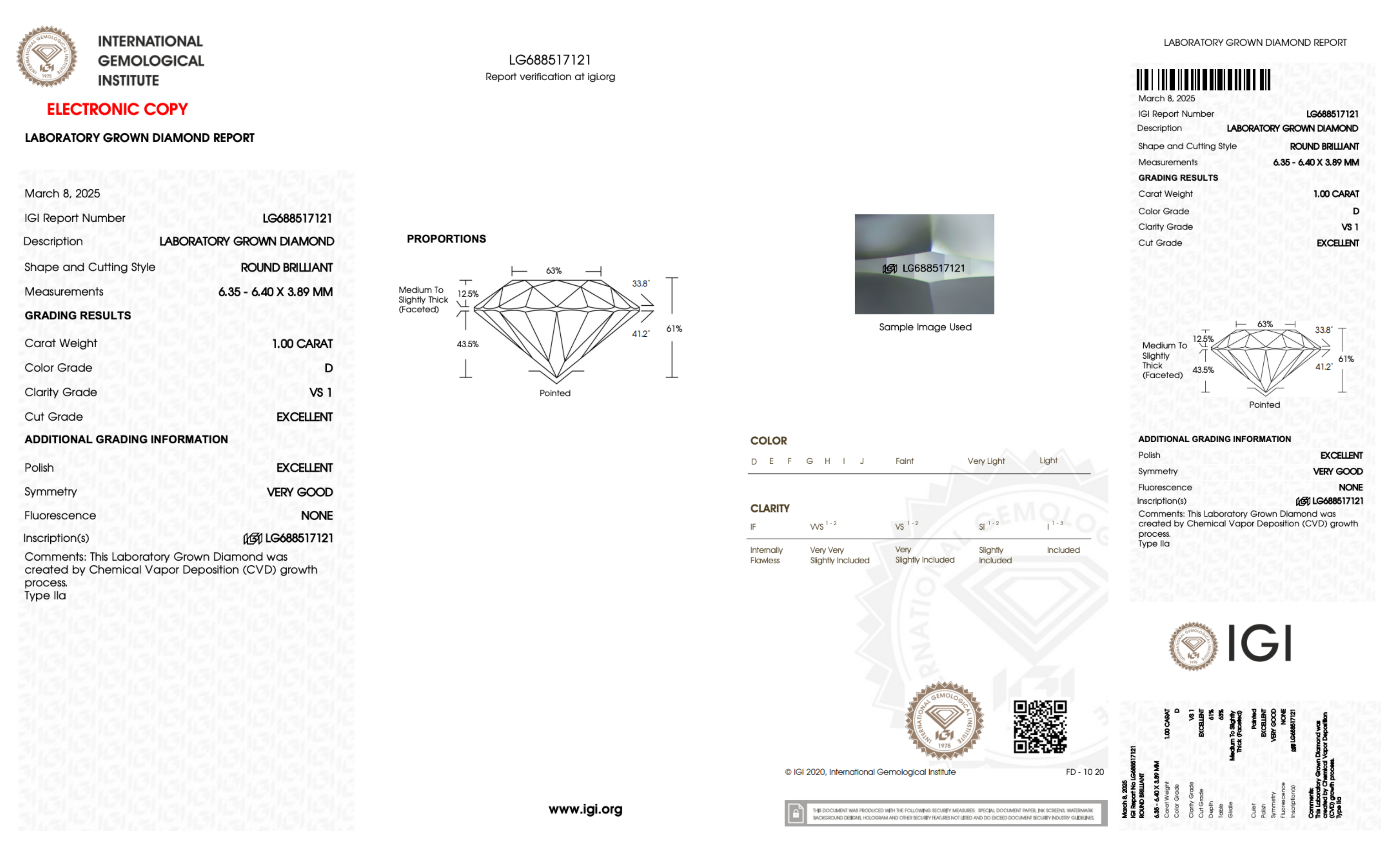 1.00CT. Certified Loose Round Lab-Grown Diamond IGI LG688517121 D/VS1