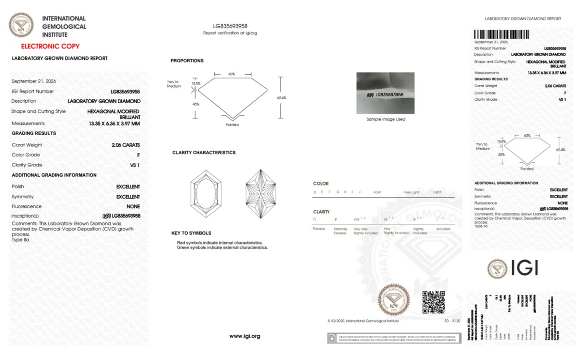 2.06CT. Certified Loose Hexagonal Modified Brilliant Lab-Grown Diamond IGI LG835693958 F/VS1