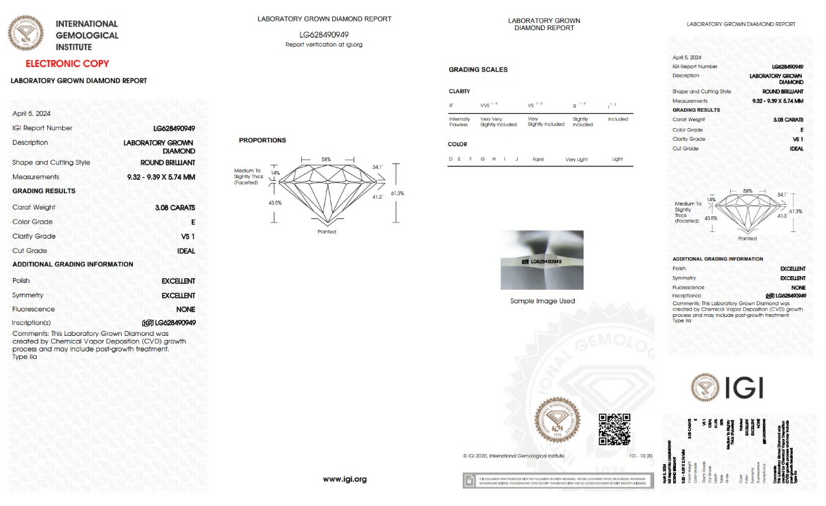 3.08CT. Certified Loose Round Lab-Grown Diamond IGI LG628490949 E/VS1