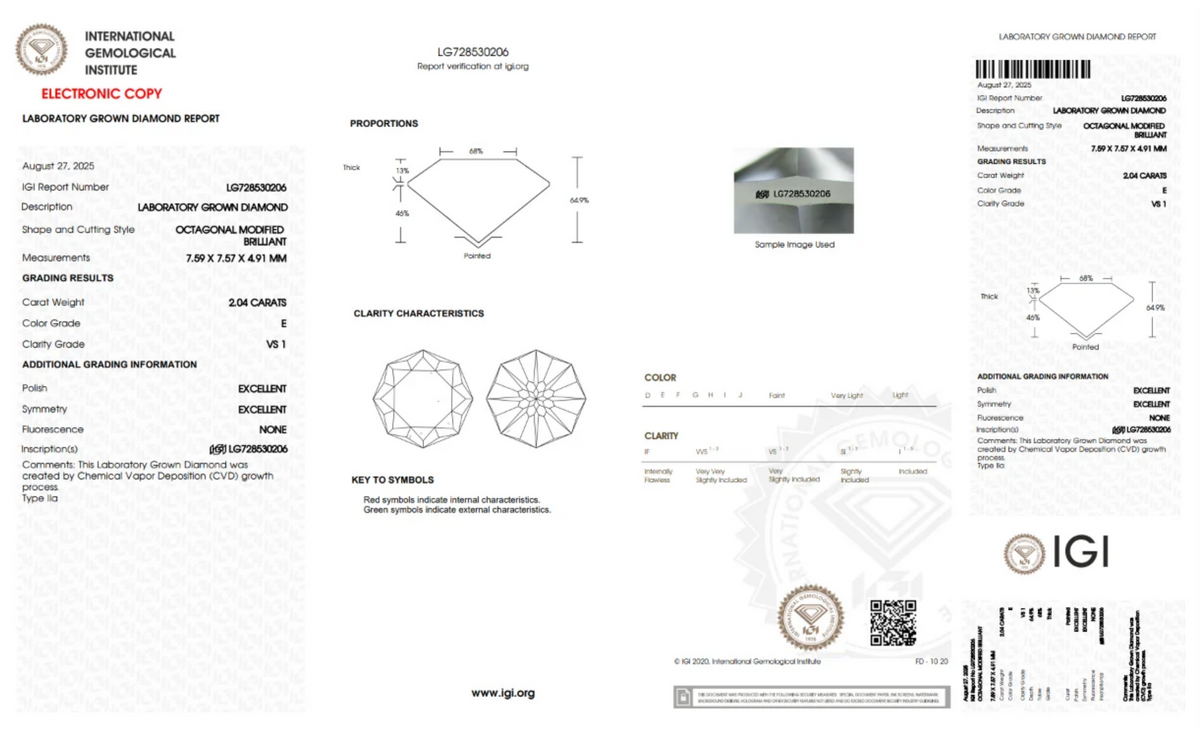 2.04CT. Certified Loose Octagonal Modified Brilliant Lab-Grown Diamond IGI LG728530206 E/VS1