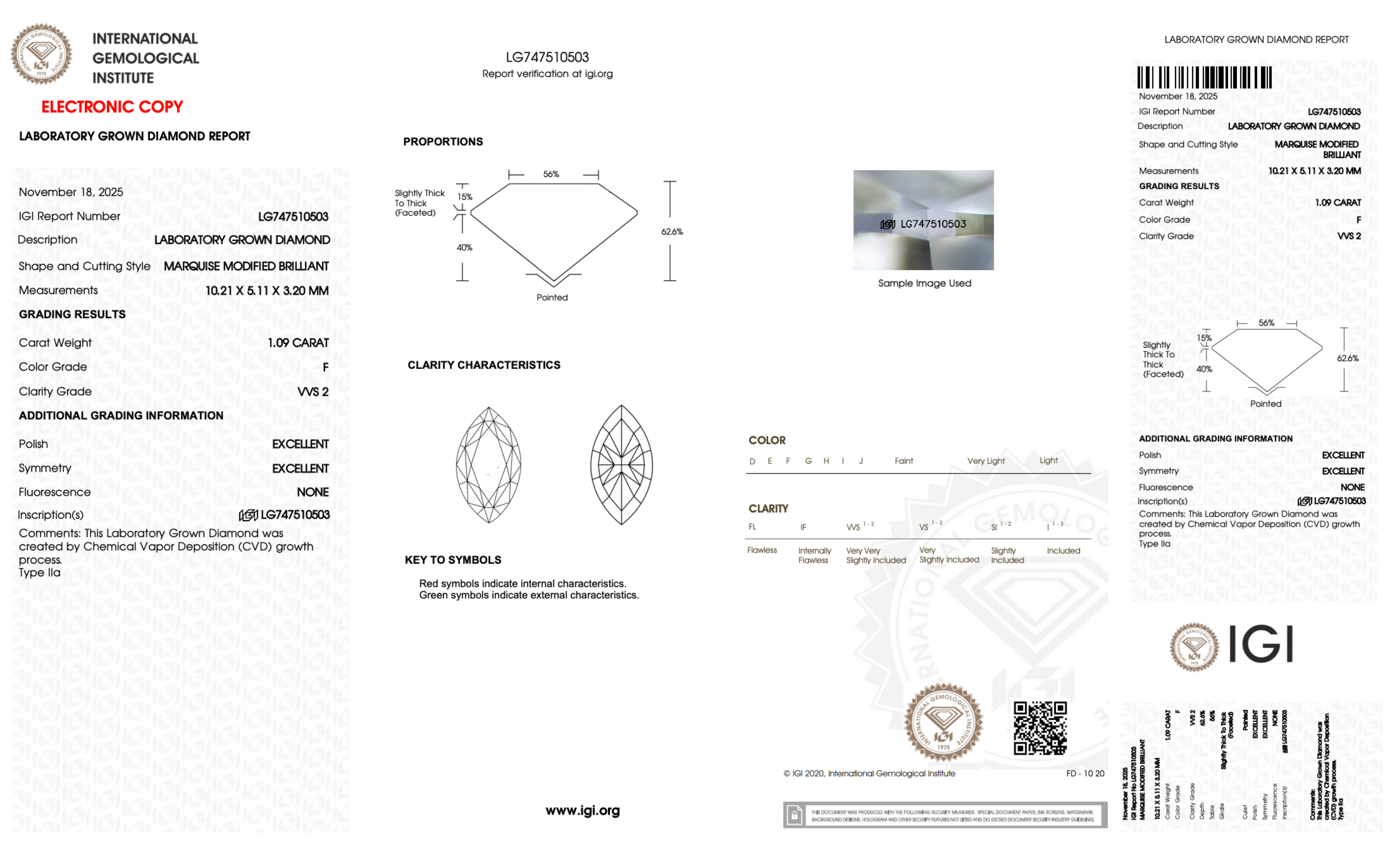 1.09CT. Certified Loose Marquise-Cut Lab-Grown Diamond IGI LG747510503 F/VVS2