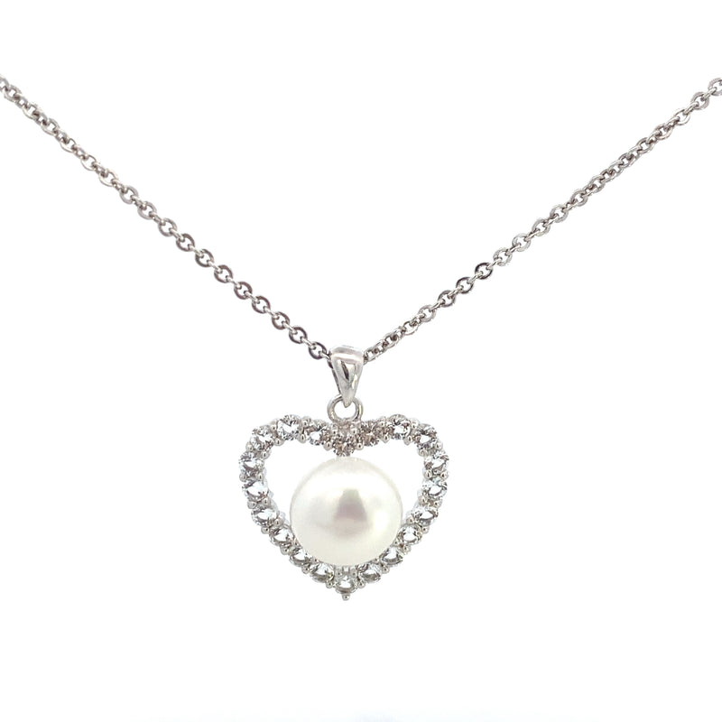 Sterling Silver IMPERIAL Freshwater Pearl with White Topaz Heart Necklace