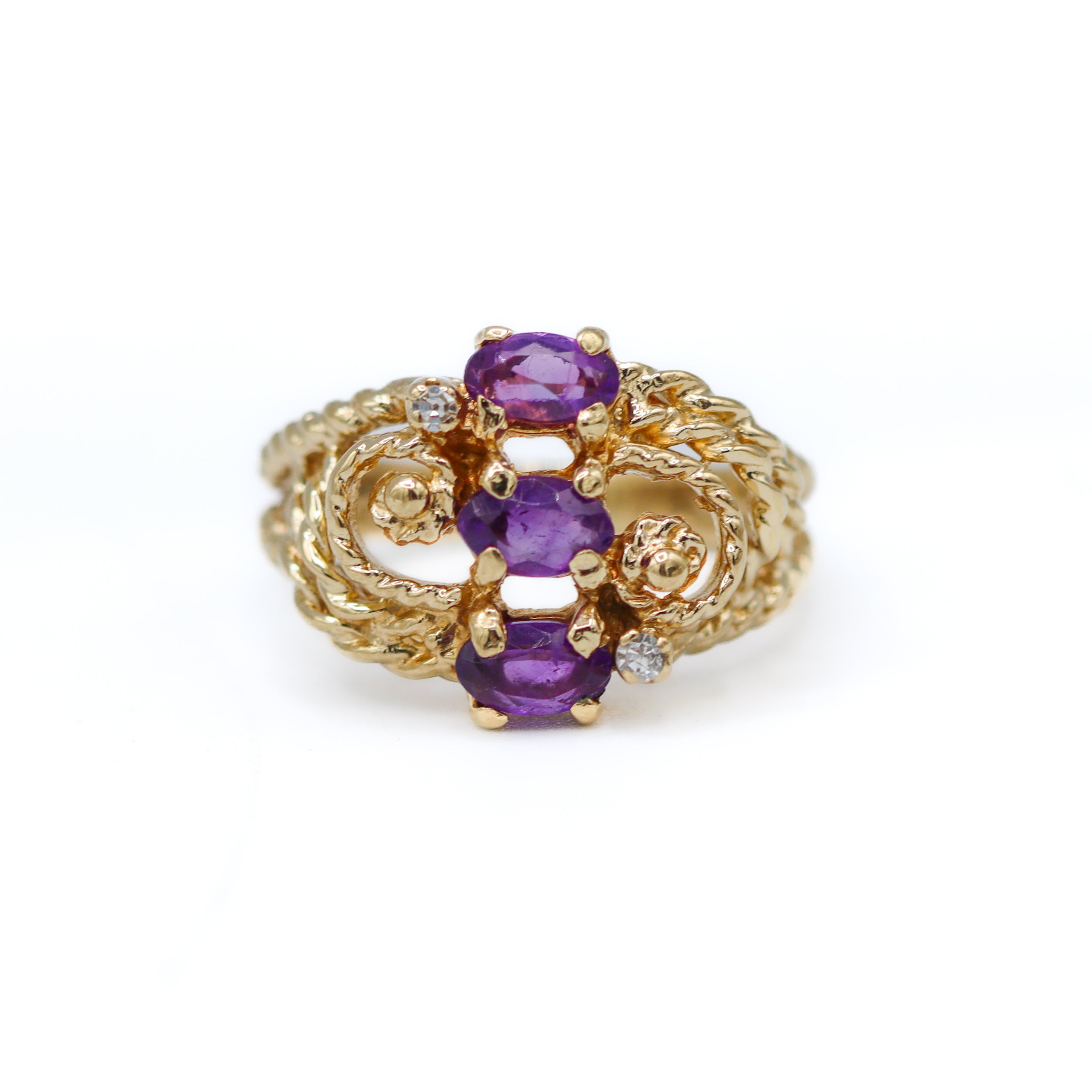 Estate Collection: 14K Yellow Gold 3-Stone Oval Amethyst and Diamond Accented Filigree Ring