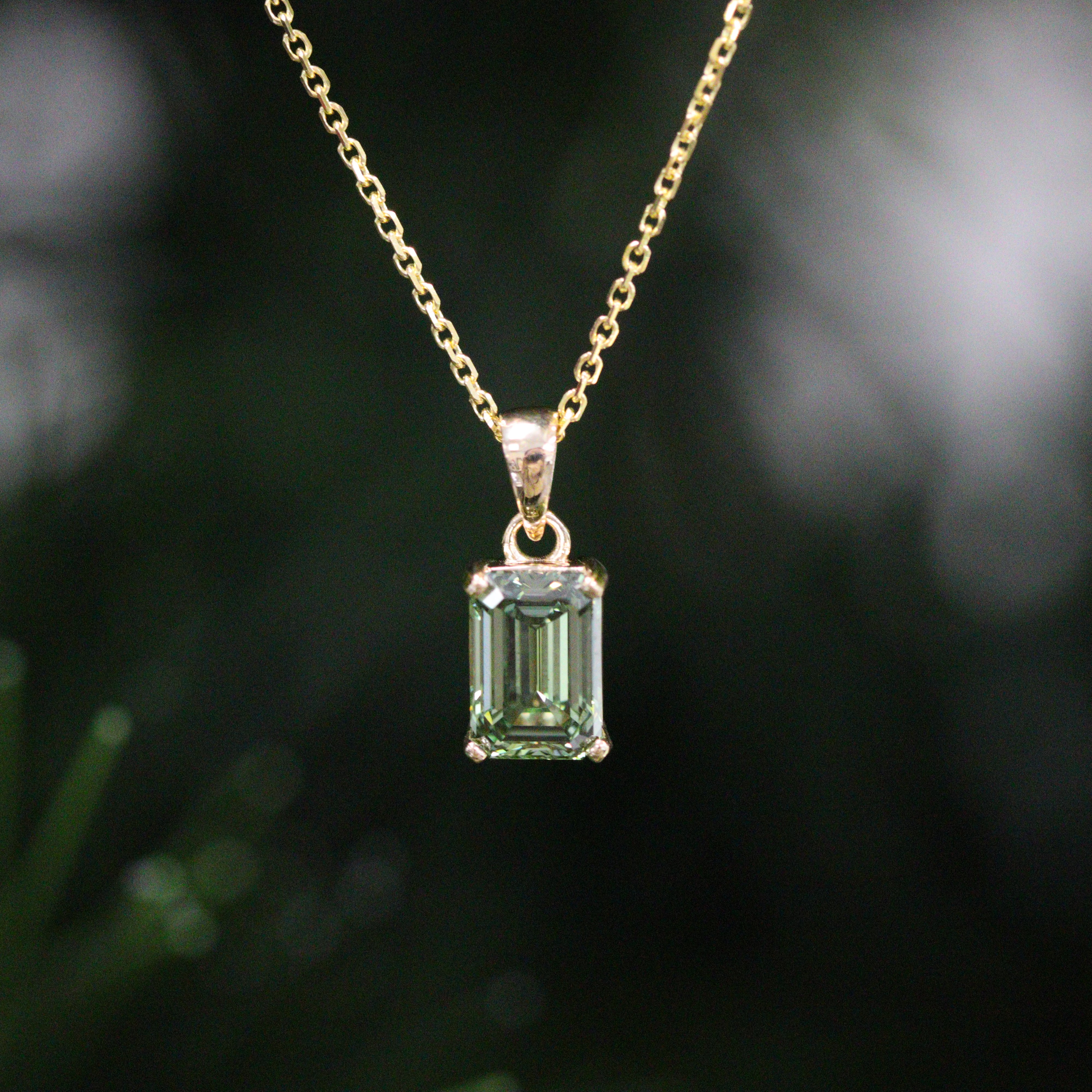 14K Yellow Gold Certified 1.06CT. Emerald-Cut Green Lab-Grown Diamond Pendant Necklace