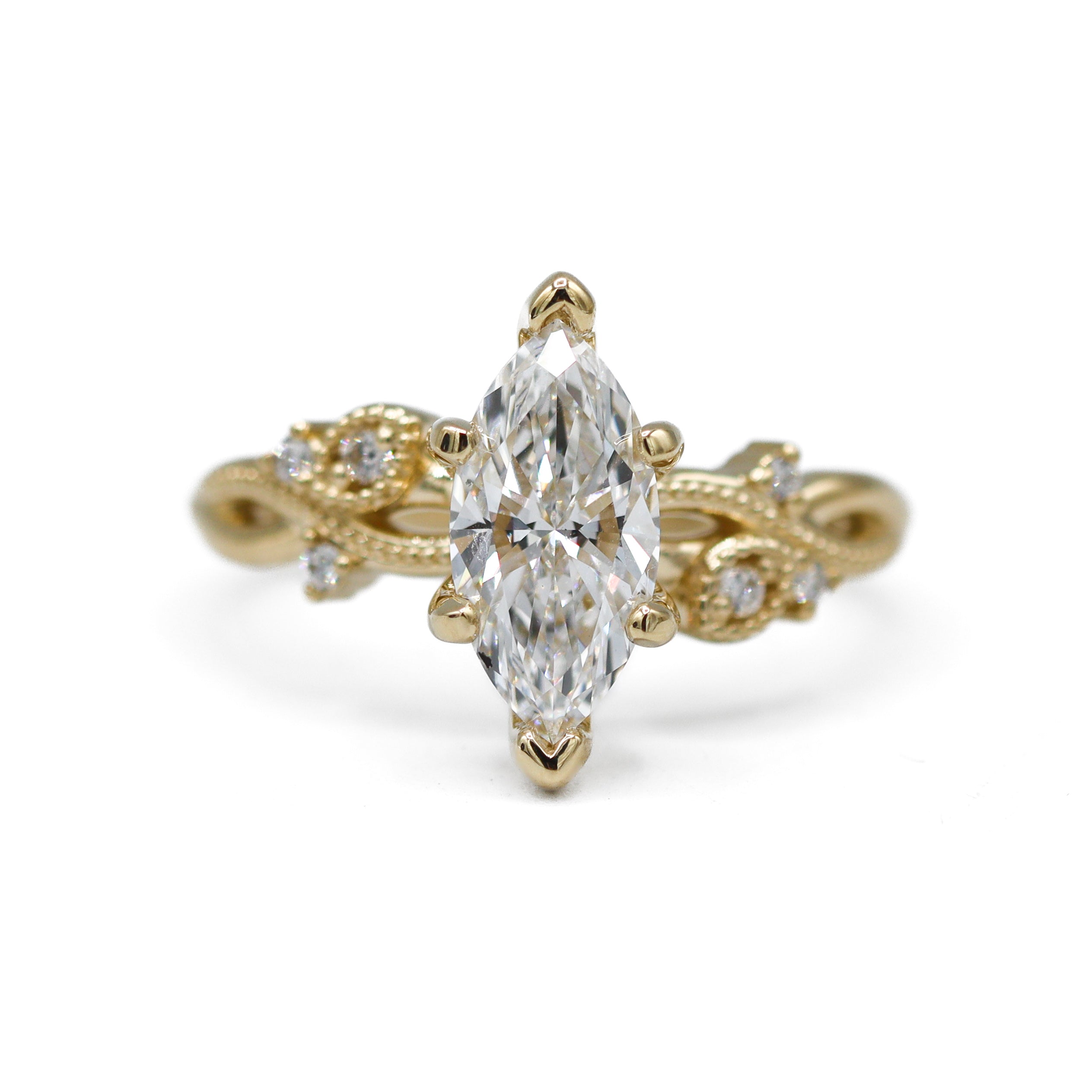 The "Fiona" — 14K Yellow Gold Certified 1.60CTW. Marquise-Cut Lab-Grown Diamond Accented Nature-Inspired Engagement Ring