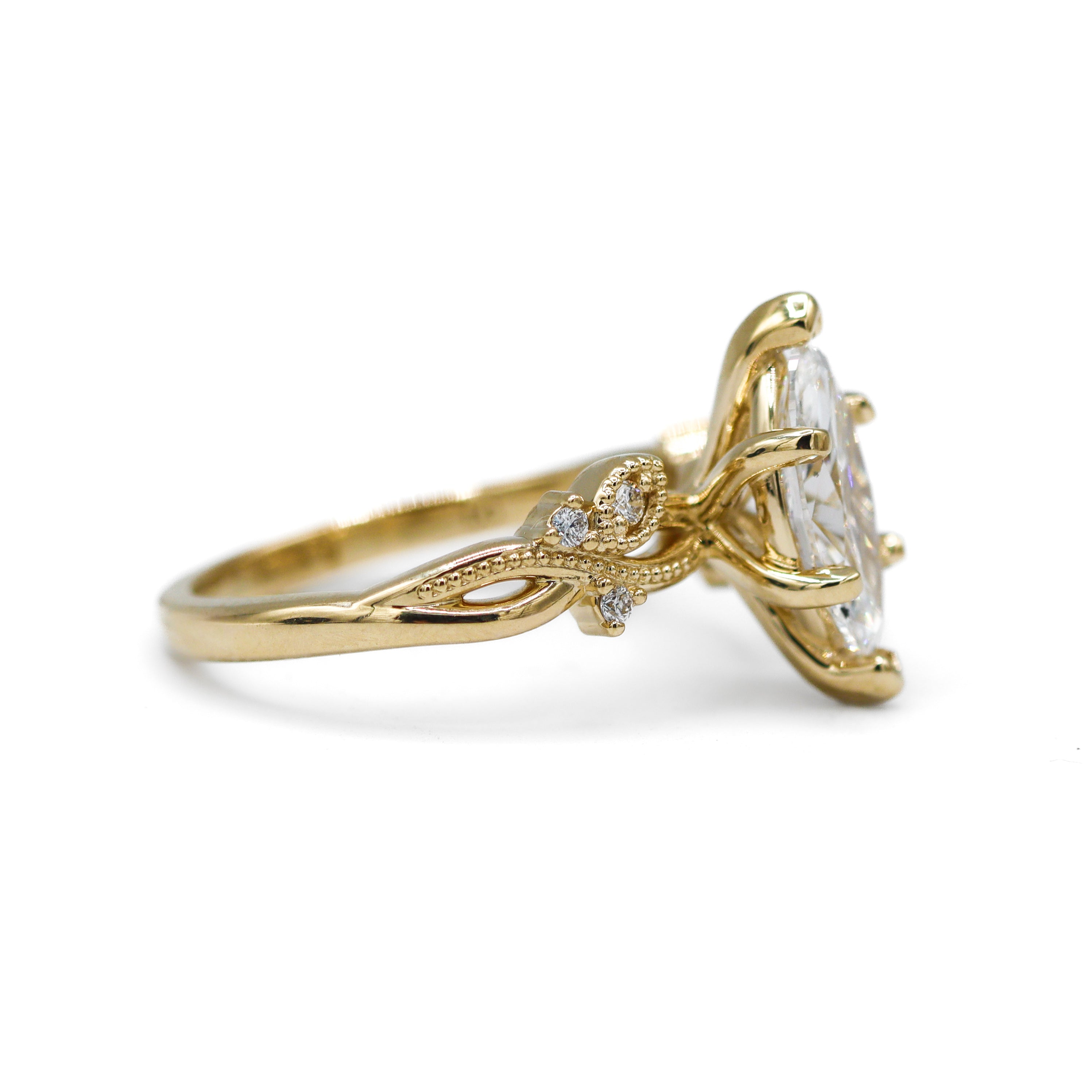 The "Fiona" — 14K Yellow Gold Certified 1.60CTW. Marquise-Cut Lab-Grown Diamond Accented Nature-Inspired Engagement Ring