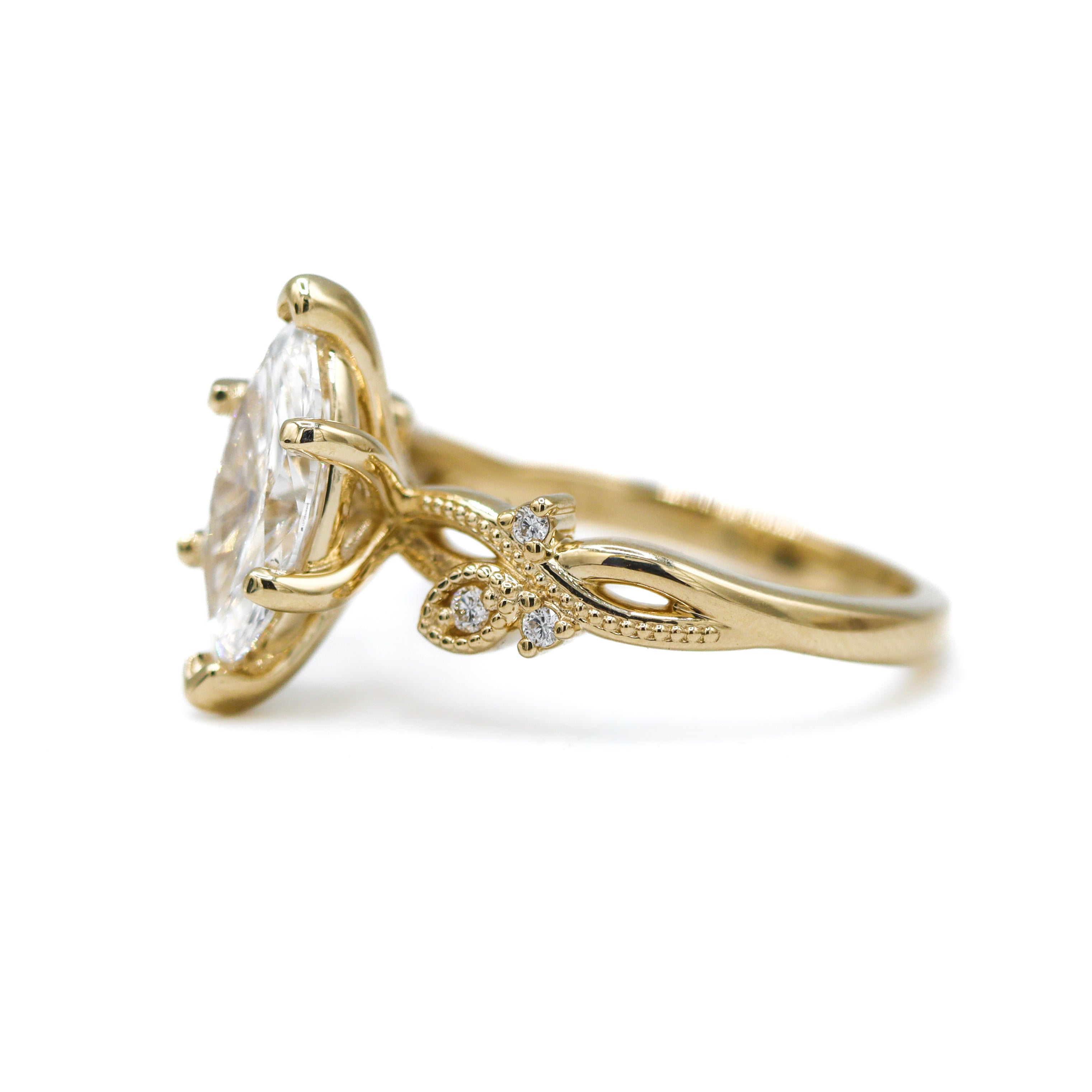 The "Fiona" — 14K Yellow Gold Certified 1.60CTW. Marquise-Cut Lab-Grown Diamond Accented Nature-Inspired Engagement Ring