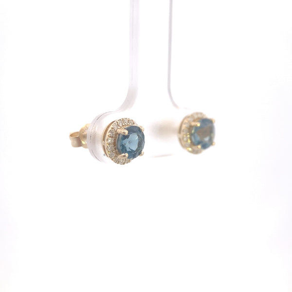 14K Yellow Gold 1CT. London Blue Topaz & 1/6CT. Diamond Halo Stud Earrings
